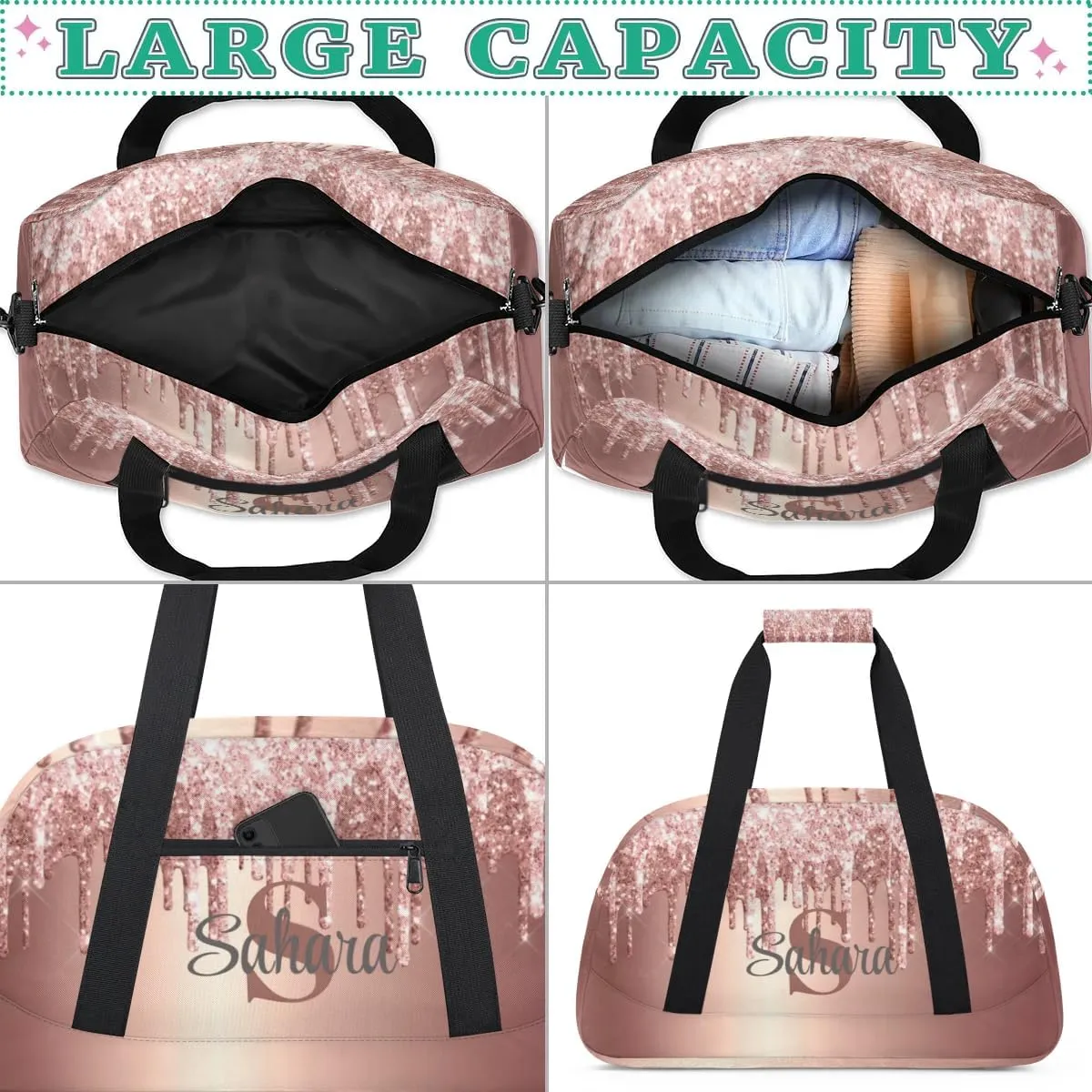 Personalized Glitter Dance Bag Duffel Bag for Girl, Custom Gym Bag Sport Duffel Bag, Ballet Bag Cheerleader Weekender Bags Travel Bag for Kids Rose Gold Glitter