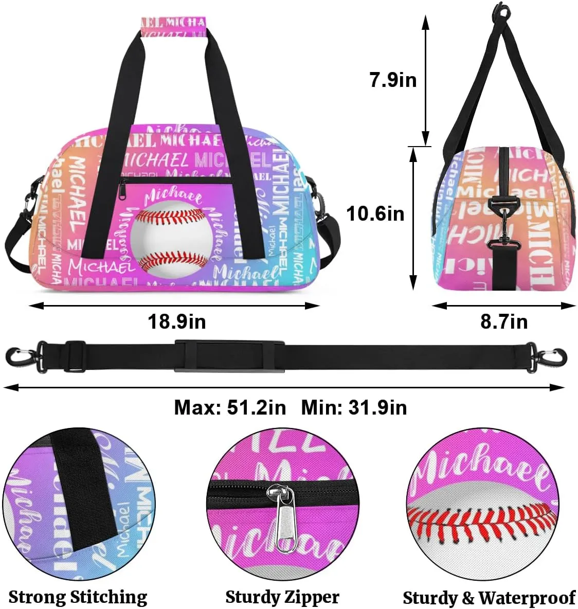 Personalized Gym Bag for Men Women, Custom Name Sports Duffel Bag, Large Capacity Weekender Overnight Travel Bags Baseball Yellow Purple Blue