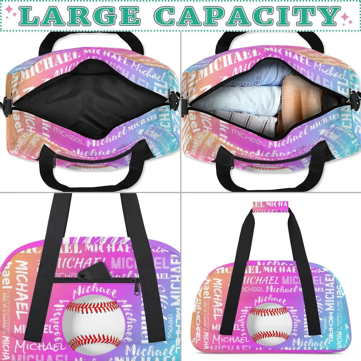 Personalized Gym Bag for Men Women, Custom Name Sports Duffel Bag, Large Capacity Weekender Overnight Travel Bags Baseball Yellow Purple Blue