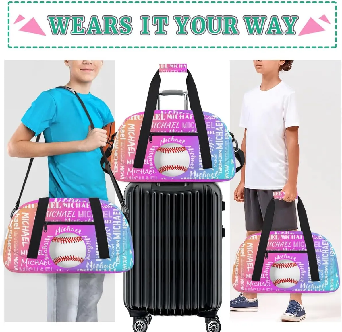 Personalized Gym Bag for Men Women, Custom Name Sports Duffel Bag, Large Capacity Weekender Overnight Travel Bags Baseball Yellow Purple Blue