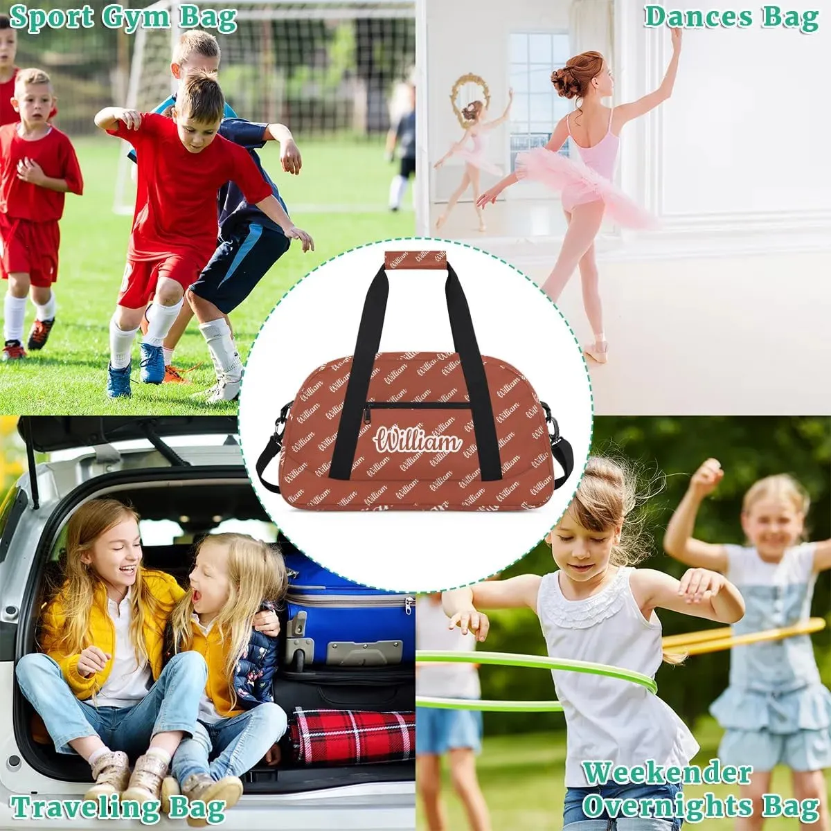 Personalized Gym Duffel Bag with Name Custom Sport Bag Gymnastics Bags Customized Dance Duffel Bag Weekender Sleepover Bag, Reddish Brown