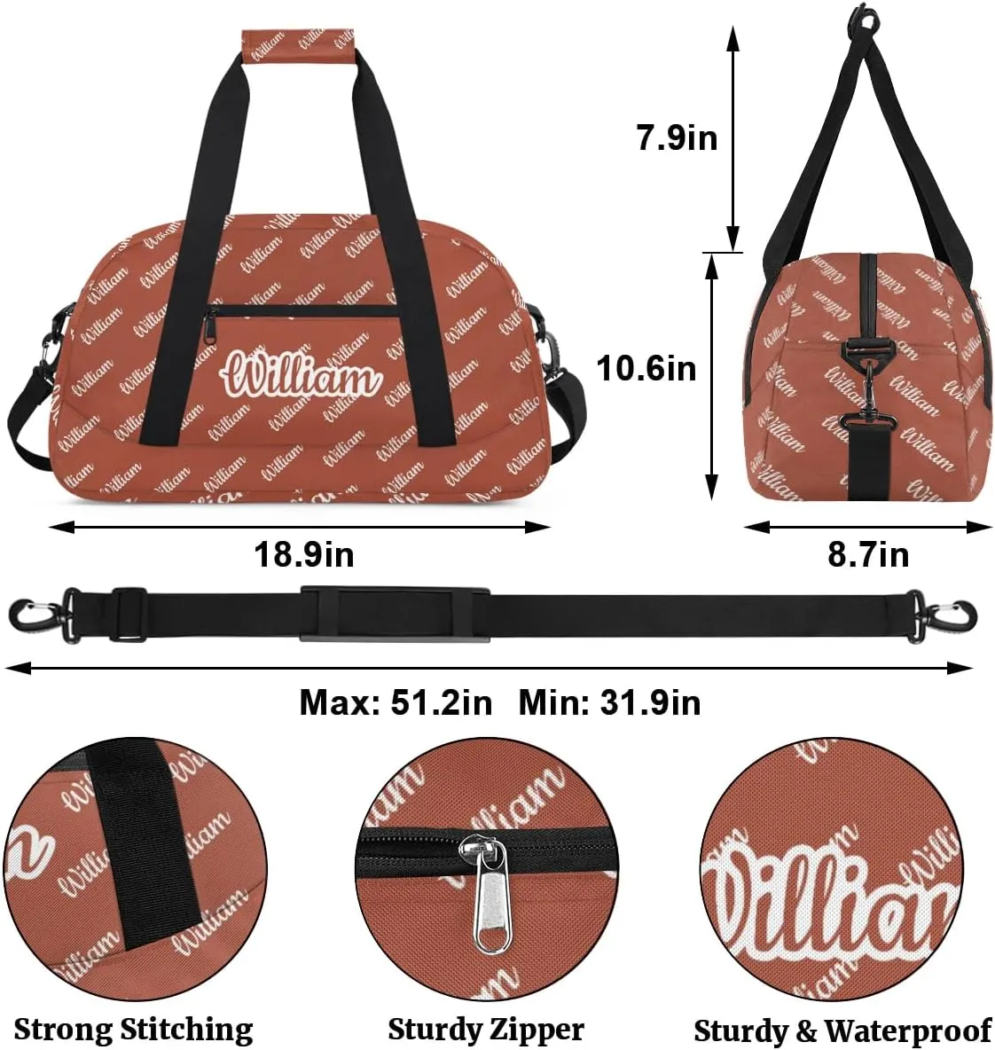 Personalized Gym Duffel Bag with Name Custom Sport Bag Gymnastics Bags Customized Dance Duffel Bag Weekender Sleepover Bag, Reddish Brown