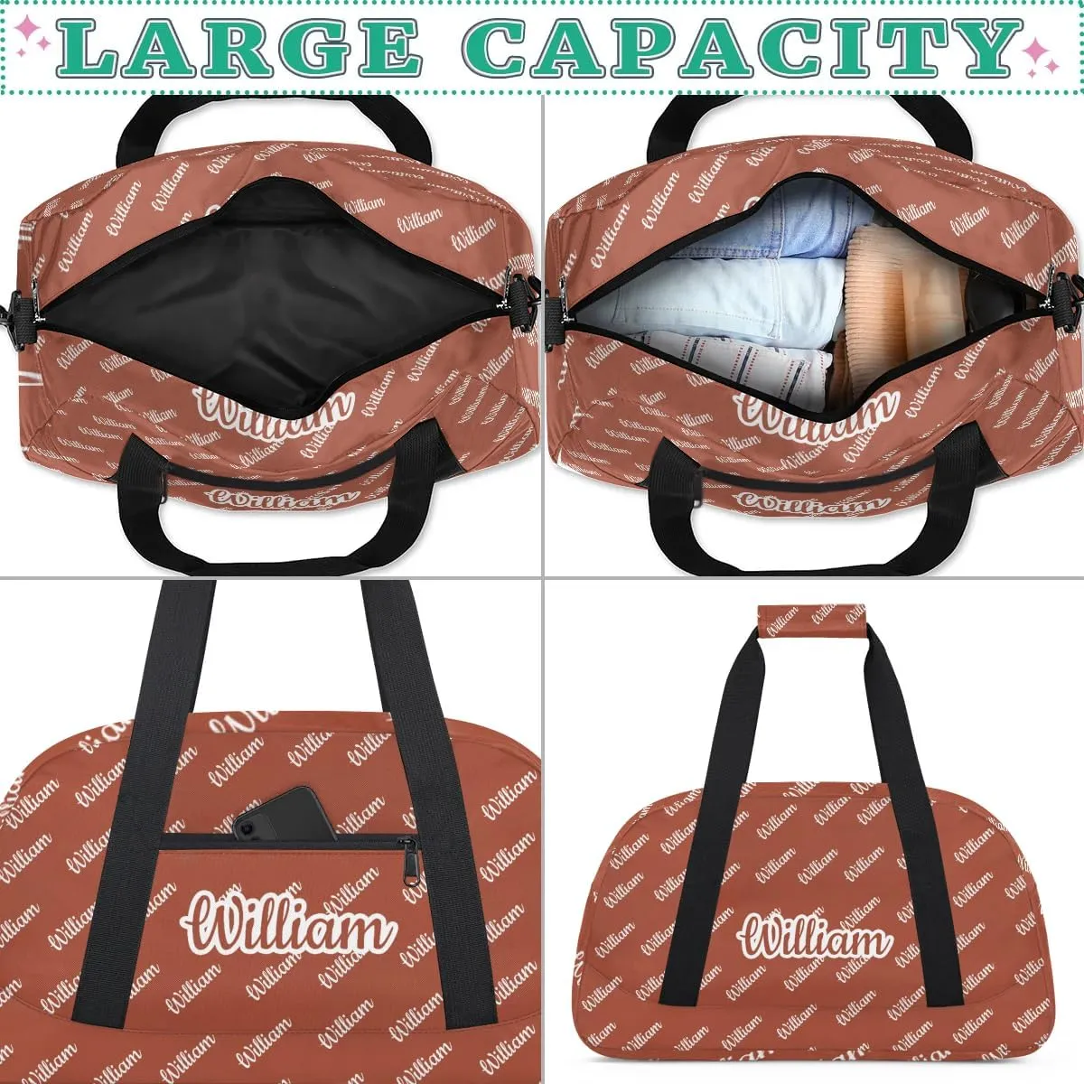 Personalized Gym Duffel Bag with Name Custom Sport Bag Gymnastics Bags Customized Dance Duffel Bag Weekender Sleepover Bag, Reddish Brown