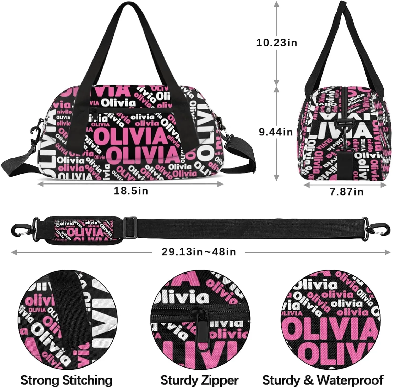 Personalized Gym Sport Duffel Bag with Name Custom Travel Overnight Bag Waterproof Customized Dance Bag Carry-On Tote 18.5in, Black Pink