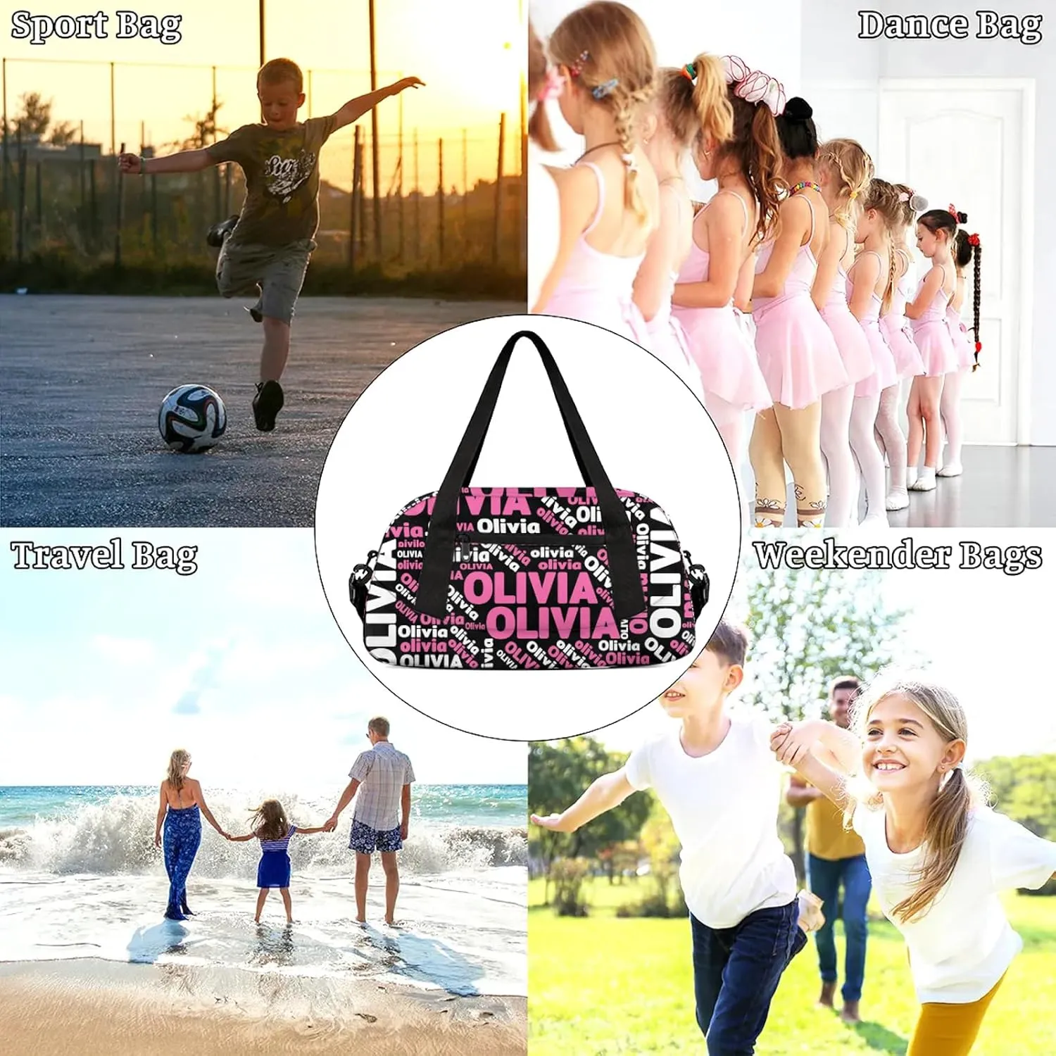 Personalized Gym Sport Duffel Bag with Name Custom Travel Overnight Bag Waterproof Customized Dance Bag Carry-On Tote 18.5in, Black Pink