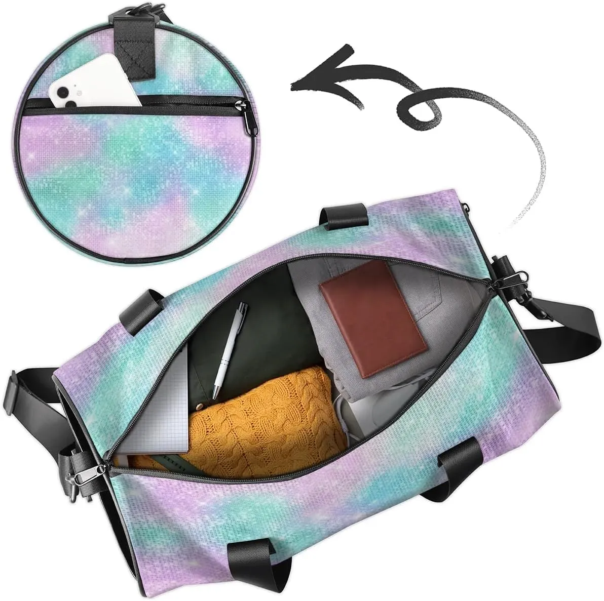 Personalized Kids Gym Bag Sport Bag Duffel Bag for Girl Boy, Custom Gymnastics Dance Travel Bag Weekender Bags with Adjustable Watercolor Glitter Purple