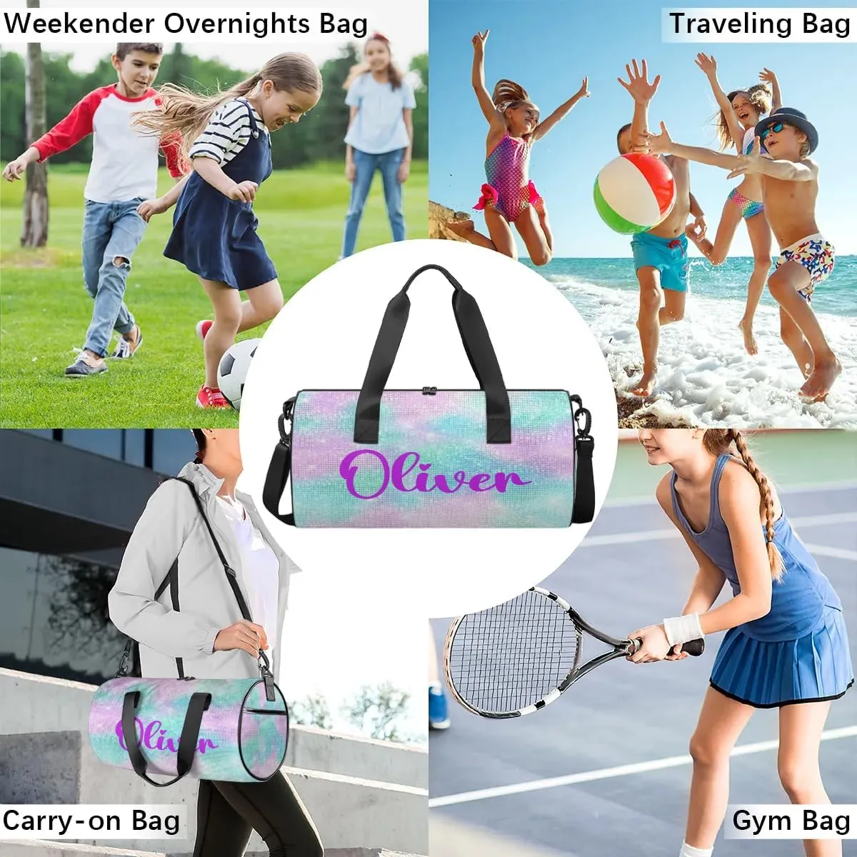 Personalized Kids Gym Bag Sport Bag Duffel Bag for Girl Boy, Custom Gymnastics Dance Travel Bag Weekender Bags with Adjustable Watercolor Glitter Purple