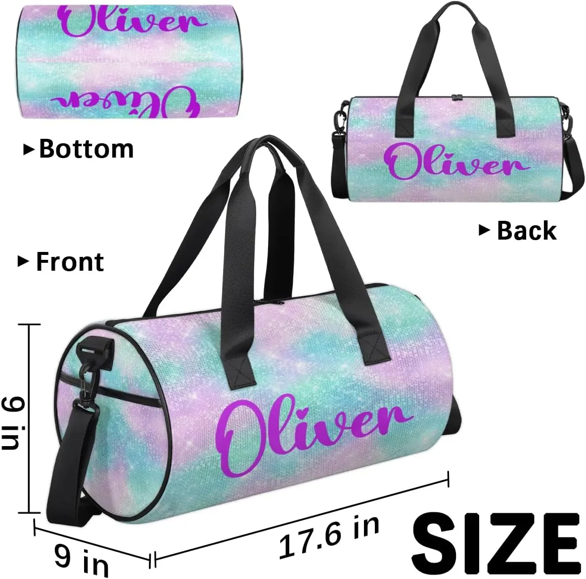 Personalized Kids Gym Bag Sport Bag Duffel Bag for Girl Boy, Custom Gymnastics Dance Travel Bag Weekender Bags with Adjustable Watercolor Glitter Purple