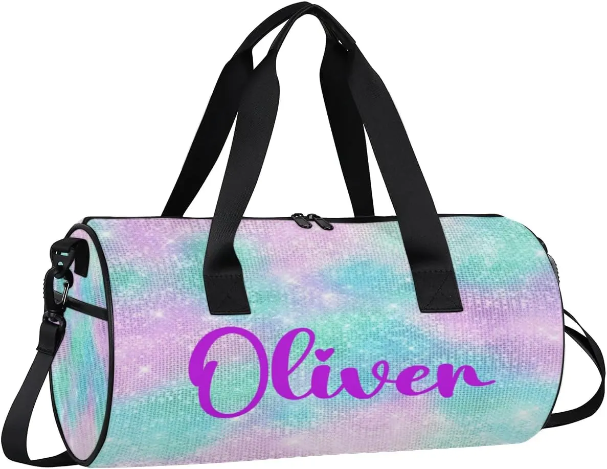 Personalized Kids Gym Bag Sport Bag Duffel Bag for Girl Boy, Custom Gymnastics Dance Travel Bag Weekender Bags with Adjustable Watercolor Glitter Purple