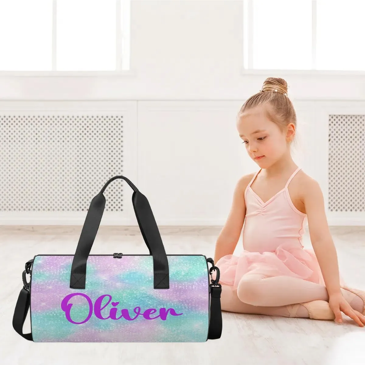 Personalized Kids Gym Bag Sport Bag Duffel Bag for Girl Boy, Custom Gymnastics Dance Travel Bag Weekender Bags with Adjustable Watercolor Glitter Purple