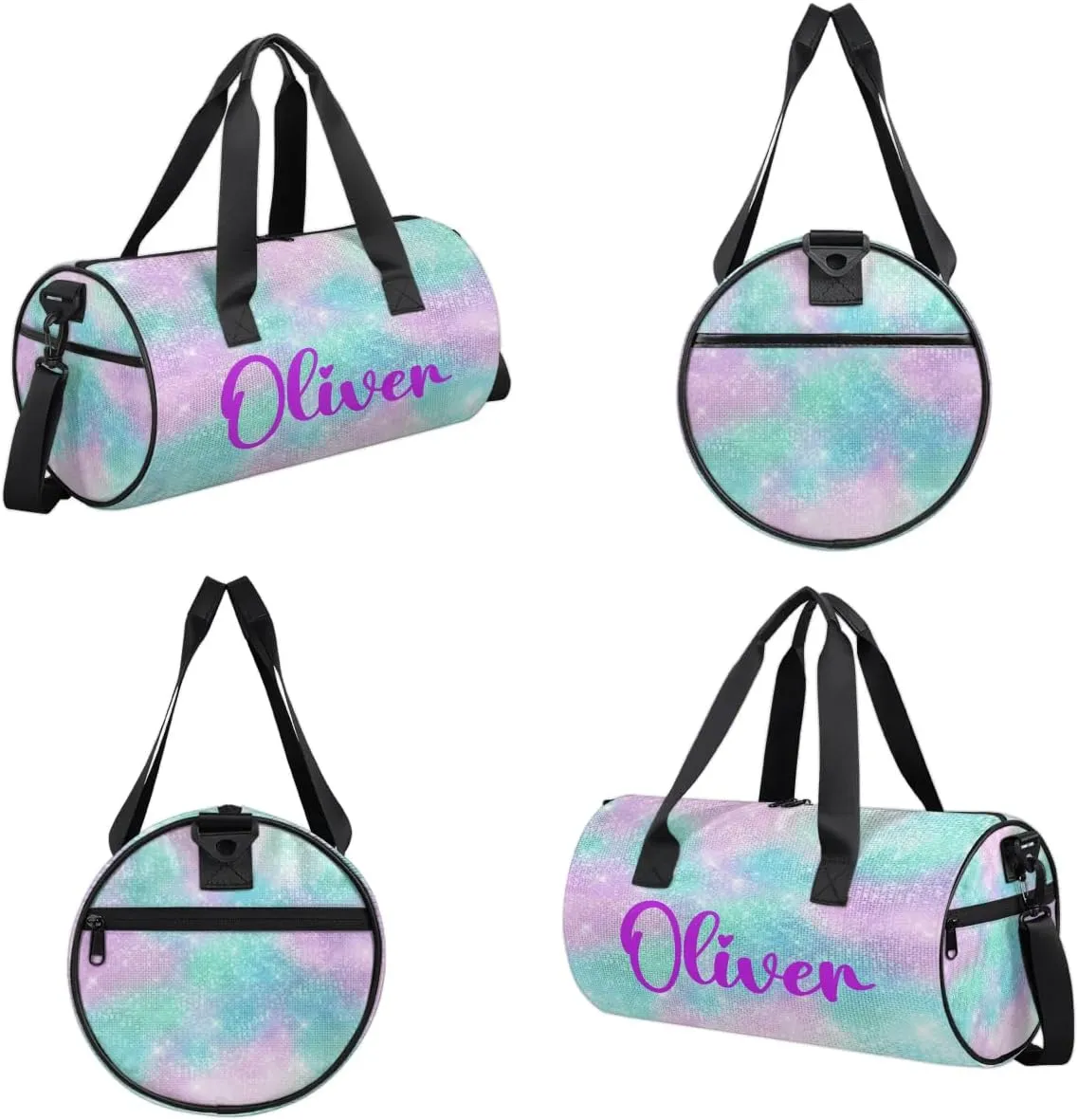 Personalized Kids Gym Bag Sport Bag Duffel Bag for Girl Boy, Custom Gymnastics Dance Travel Bag Weekender Bags with Adjustable Watercolor Glitter Purple