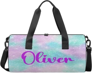 Personalized Kids Gym Bag Sport Bag Duffel Bag for Girl Boy, Custom Gymnastics Dance Travel Bag Weekender Bags with Adjustable Watercolor Glitter Purple