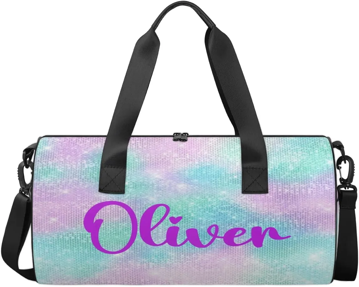 Personalized Kids Gym Bag Sport Bag Duffel Bag for Girl Boy, Custom Gymnastics Dance Travel Bag Weekender Bags with Adjustable Watercolor Glitter Purple