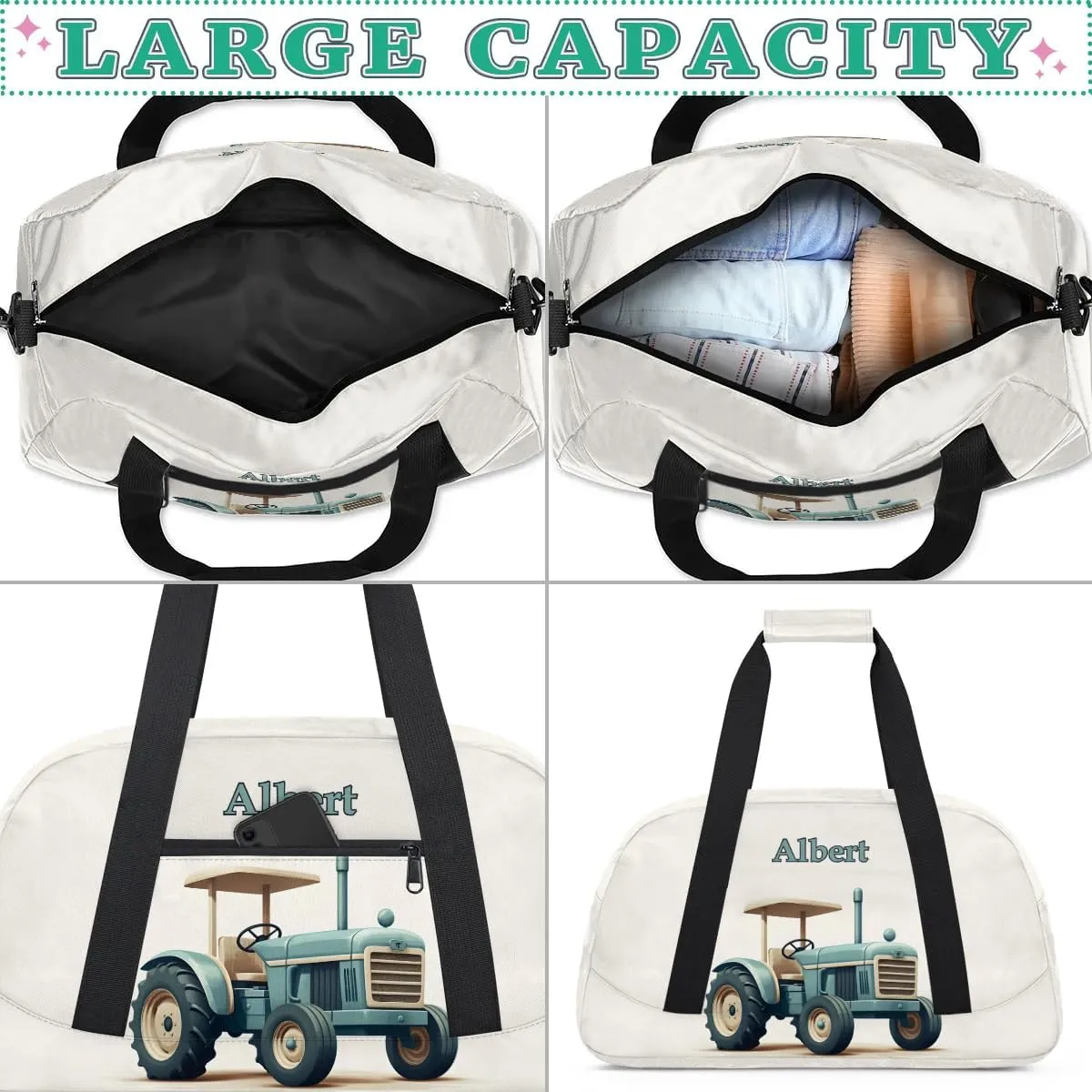 Personalized Kids Sports Duffel Bag with Name Custom Weekender Overnight Bag for Boys Girls Gym Bag Travel Dance Gymnastics Duffel Bag, Cartoon Truck Car