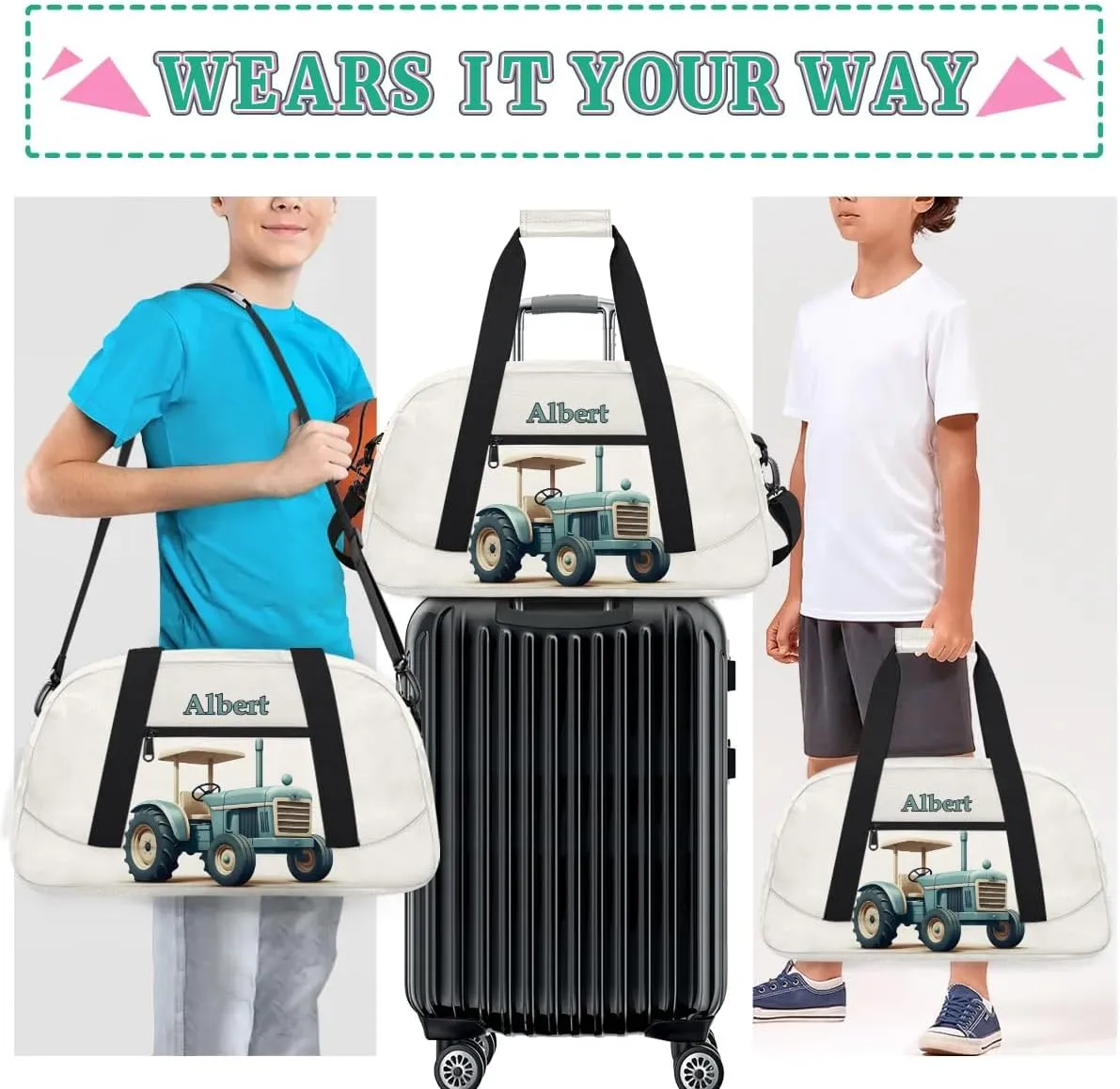 Personalized Kids Sports Duffel Bag with Name Custom Weekender Overnight Bag for Boys Girls Gym Bag Travel Dance Gymnastics Duffel Bag, Cartoon Truck Car
