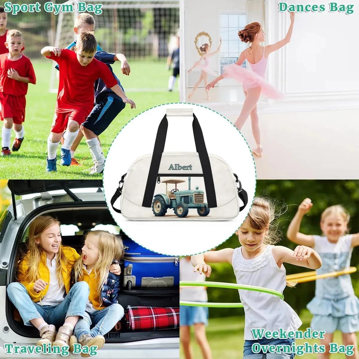 Personalized Kids Sports Duffel Bag with Name Custom Weekender Overnight Bag for Boys Girls Gym Bag Travel Dance Gymnastics Duffel Bag, Cartoon Truck Car