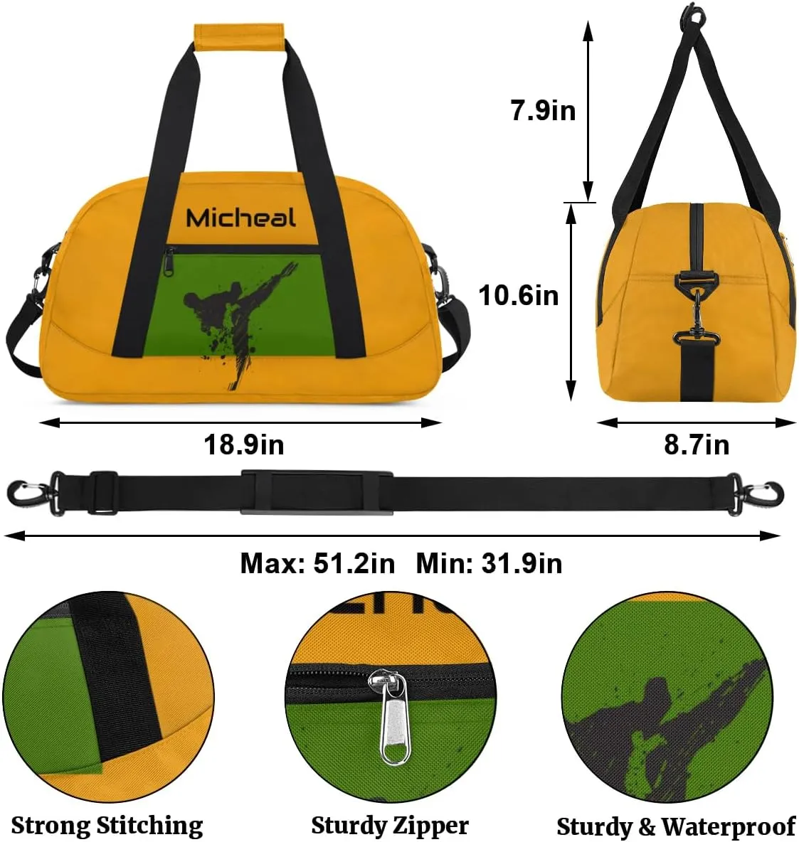Personalized Martial Art Bag Duffel Bag for Boys Girls, Custom Taekwondo Karate Bag for Travel Weekender Practice Yellow
