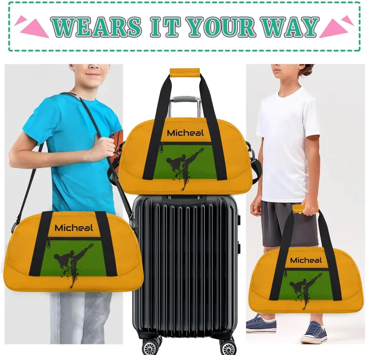 Personalized Martial Art Bag Duffel Bag for Boys Girls, Custom Taekwondo Karate Bag for Travel Weekender Practice Yellow