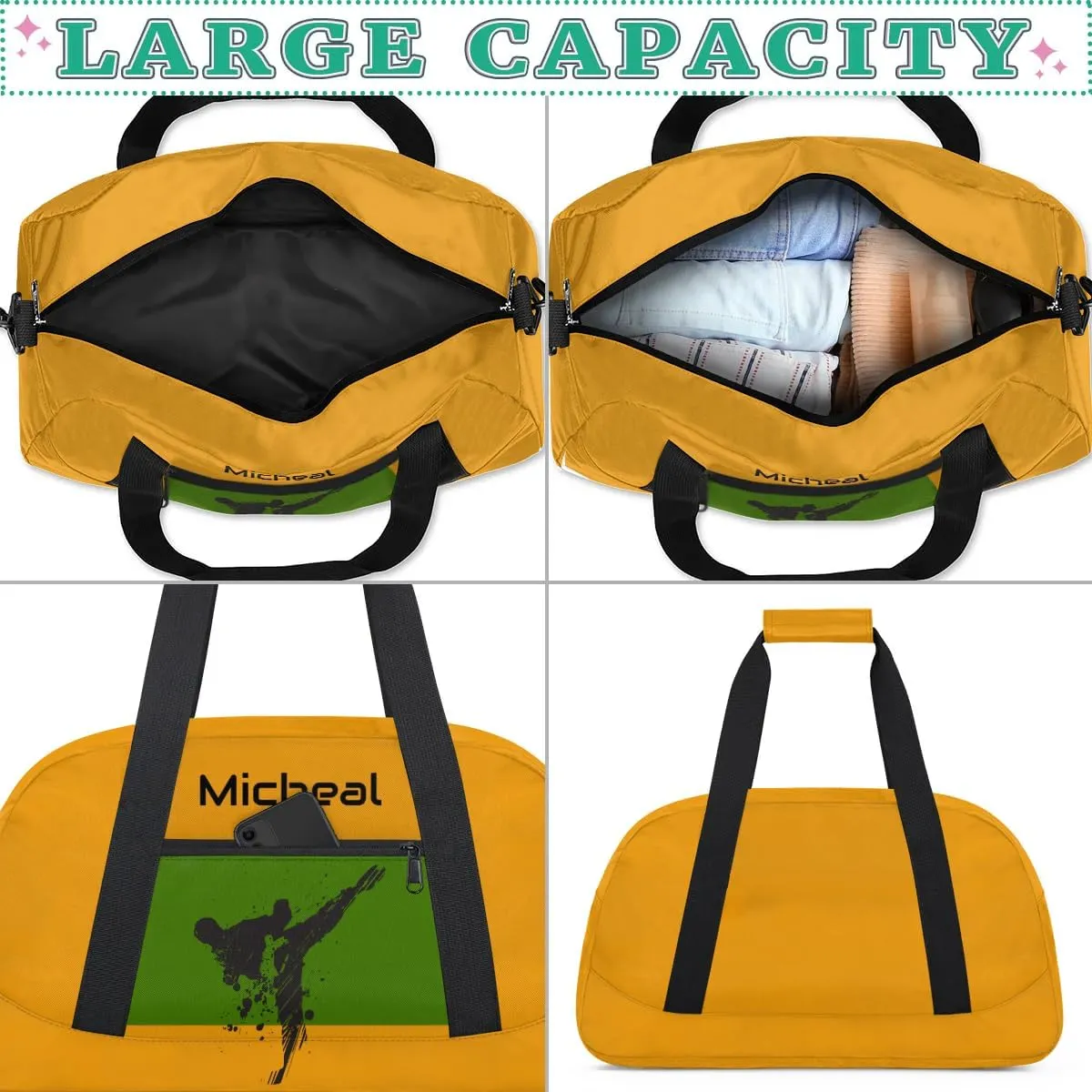 Personalized Martial Art Bag Duffel Bag for Boys Girls, Custom Taekwondo Karate Bag for Travel Weekender Practice Yellow