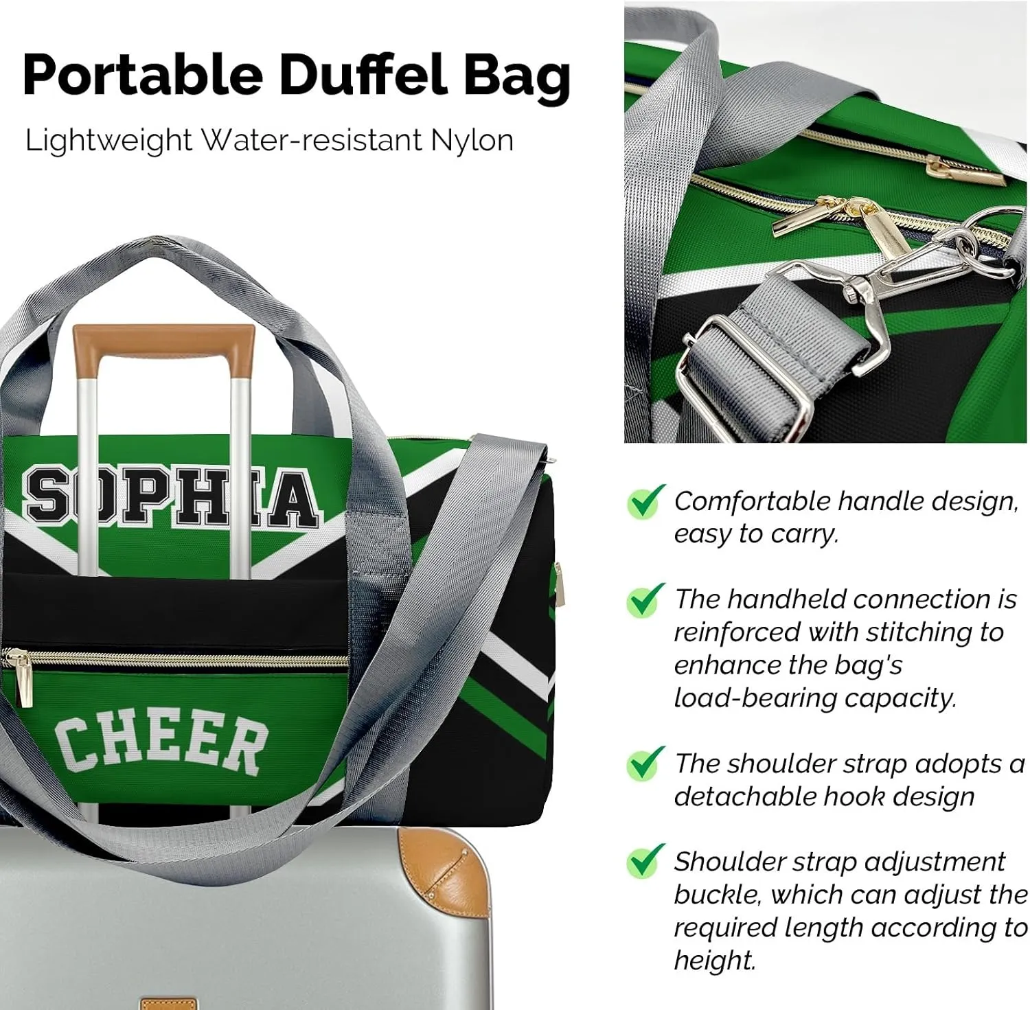 Personalized Multi-Function Travel Cheer Green Black Cheerleader Duffel Bags Large Capacity Women Men Gym Yoga Ballet with Name