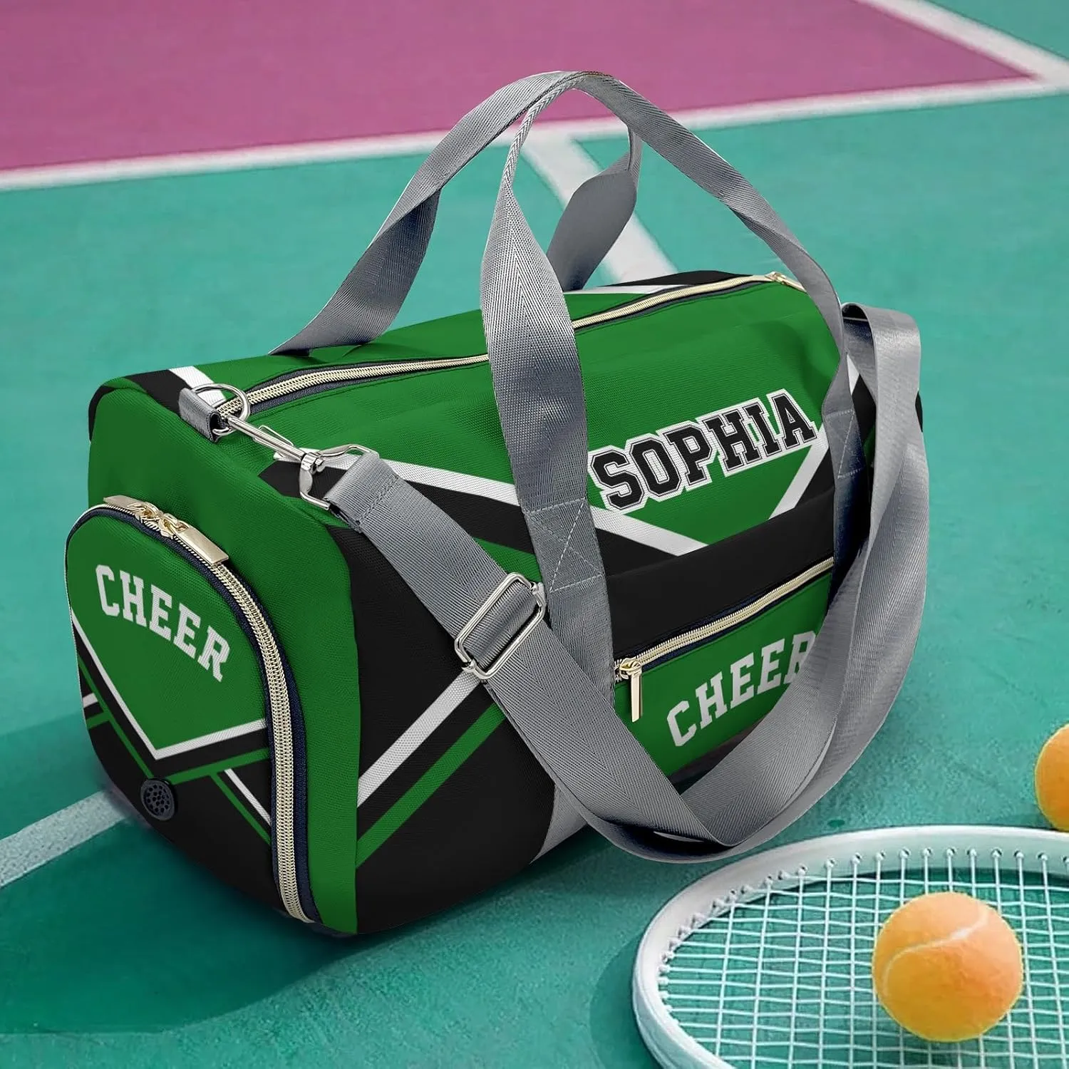 Personalized Multi-Function Travel Cheer Green Black Cheerleader Duffel Bags Large Capacity Women Men Gym Yoga Ballet with Name
