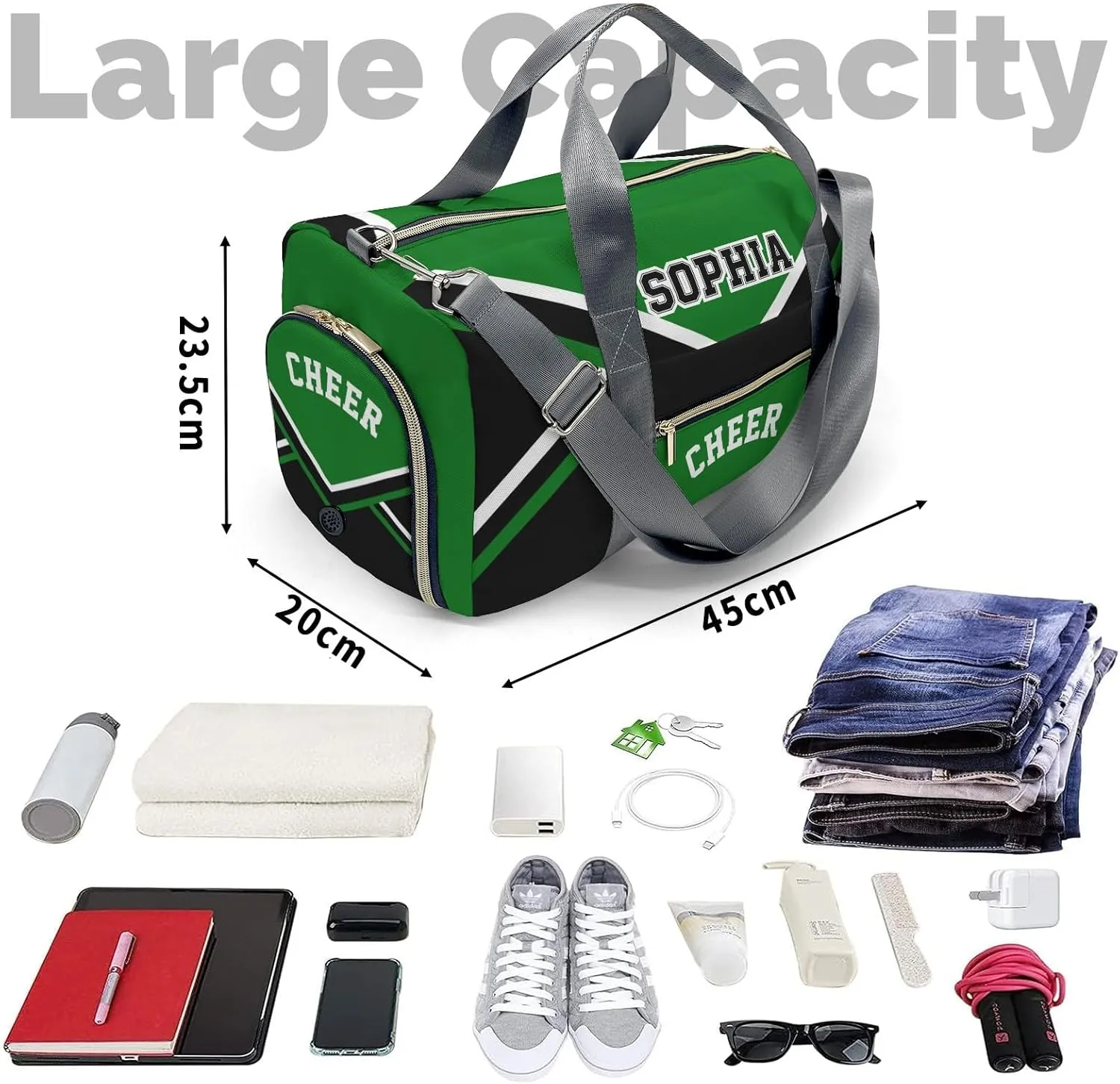 Personalized Multi-Function Travel Cheer Green Black Cheerleader Duffel Bags Large Capacity Women Men Gym Yoga Ballet with Name