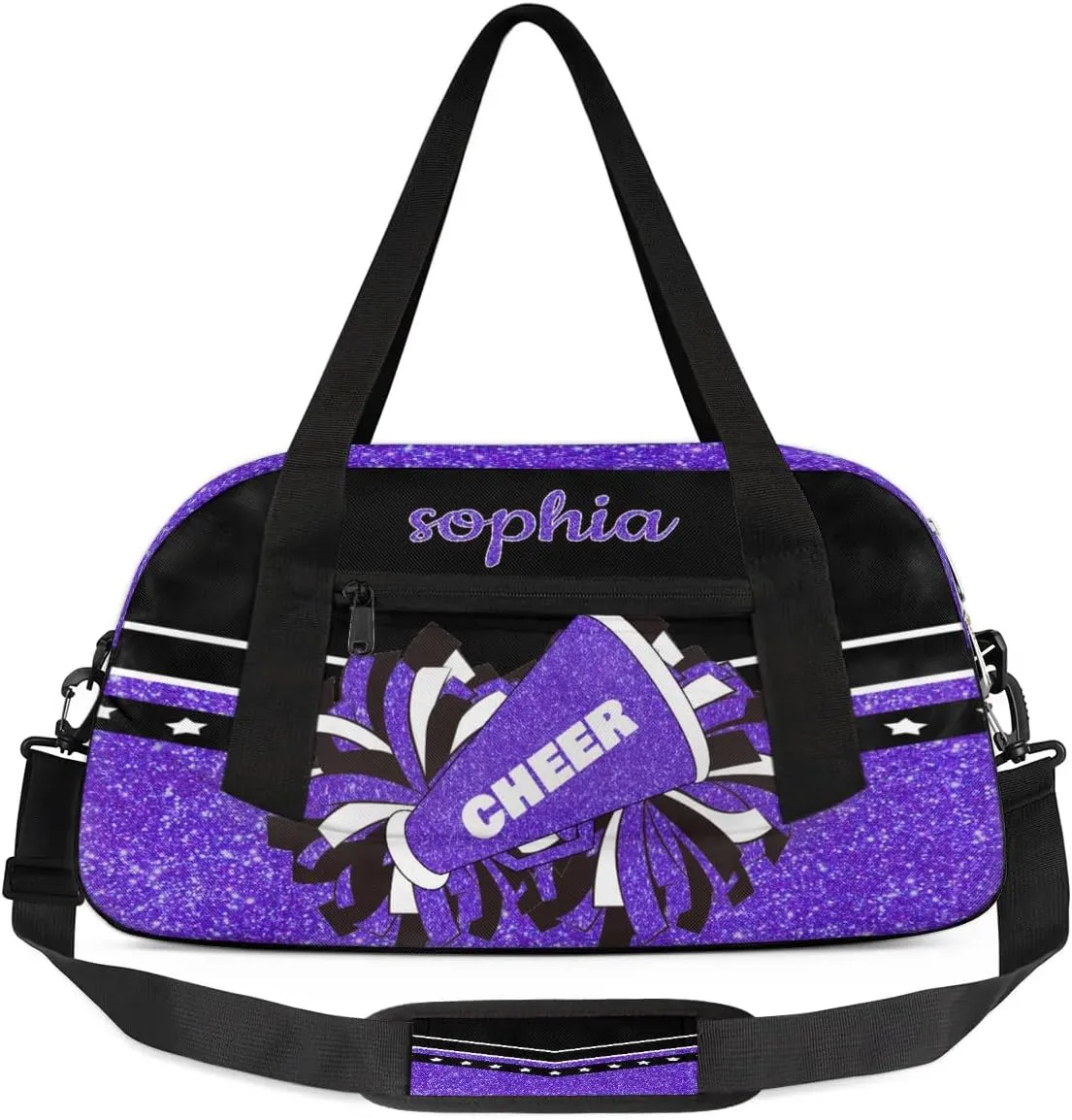Personalized Name Cheer Bag Custom Sport Duffel Bag for Girls Cheerleader Bags Overnight Weekender Bags Carry On Travel Bag, Glitter Purple
