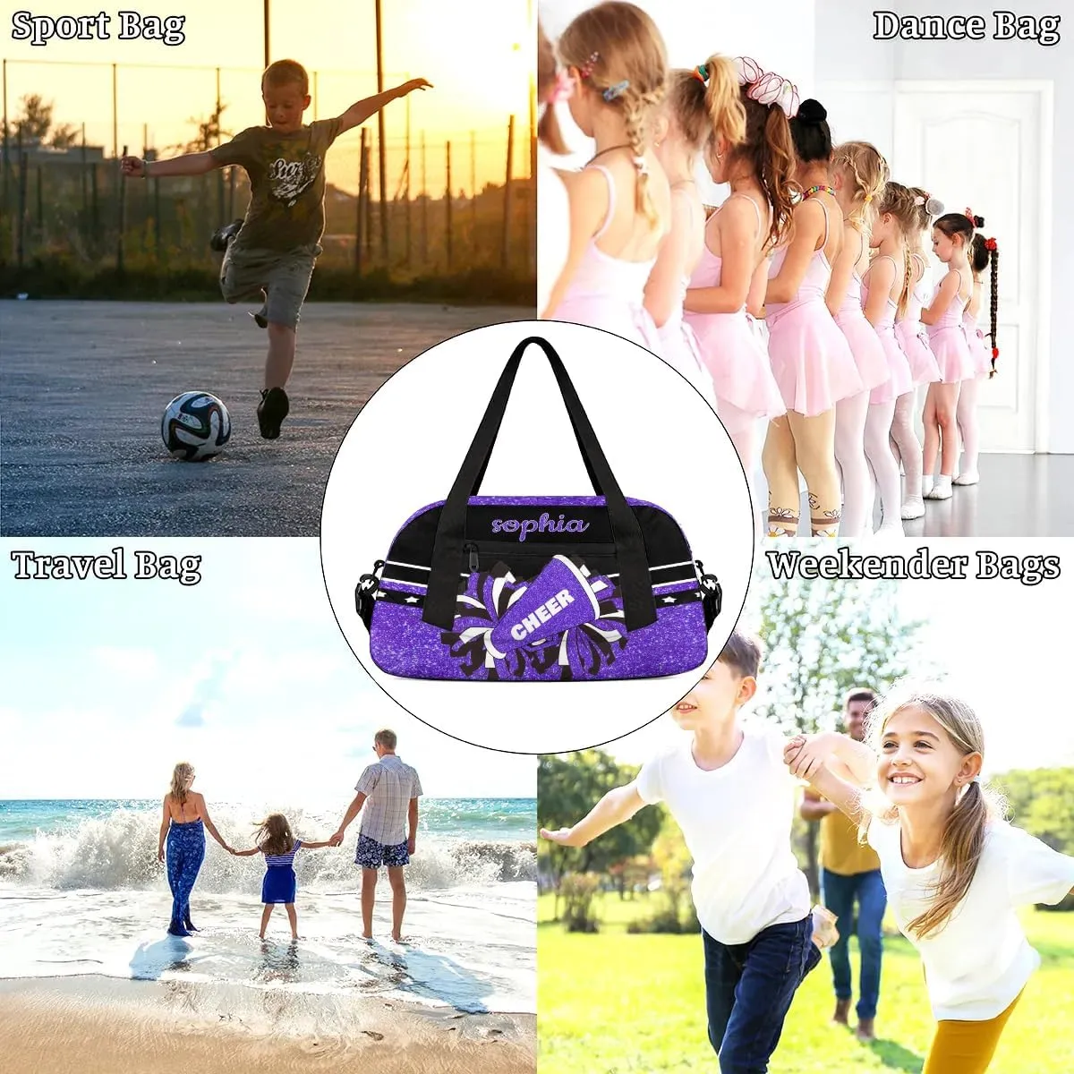Personalized Name Cheer Bag Custom Sport Duffel Bag for Girls Cheerleader Bags Overnight Weekender Bags Carry On Travel Bag, Glitter Purple