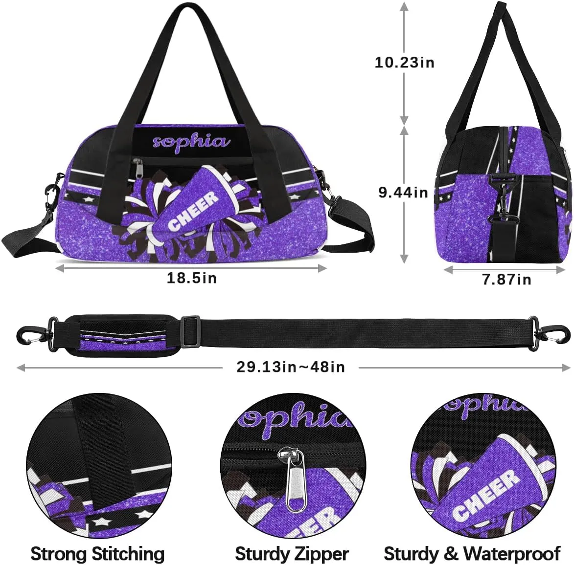 Personalized Name Cheer Bag Custom Sport Duffel Bag for Girls Cheerleader Bags Overnight Weekender Bags Carry On Travel Bag, Glitter Purple