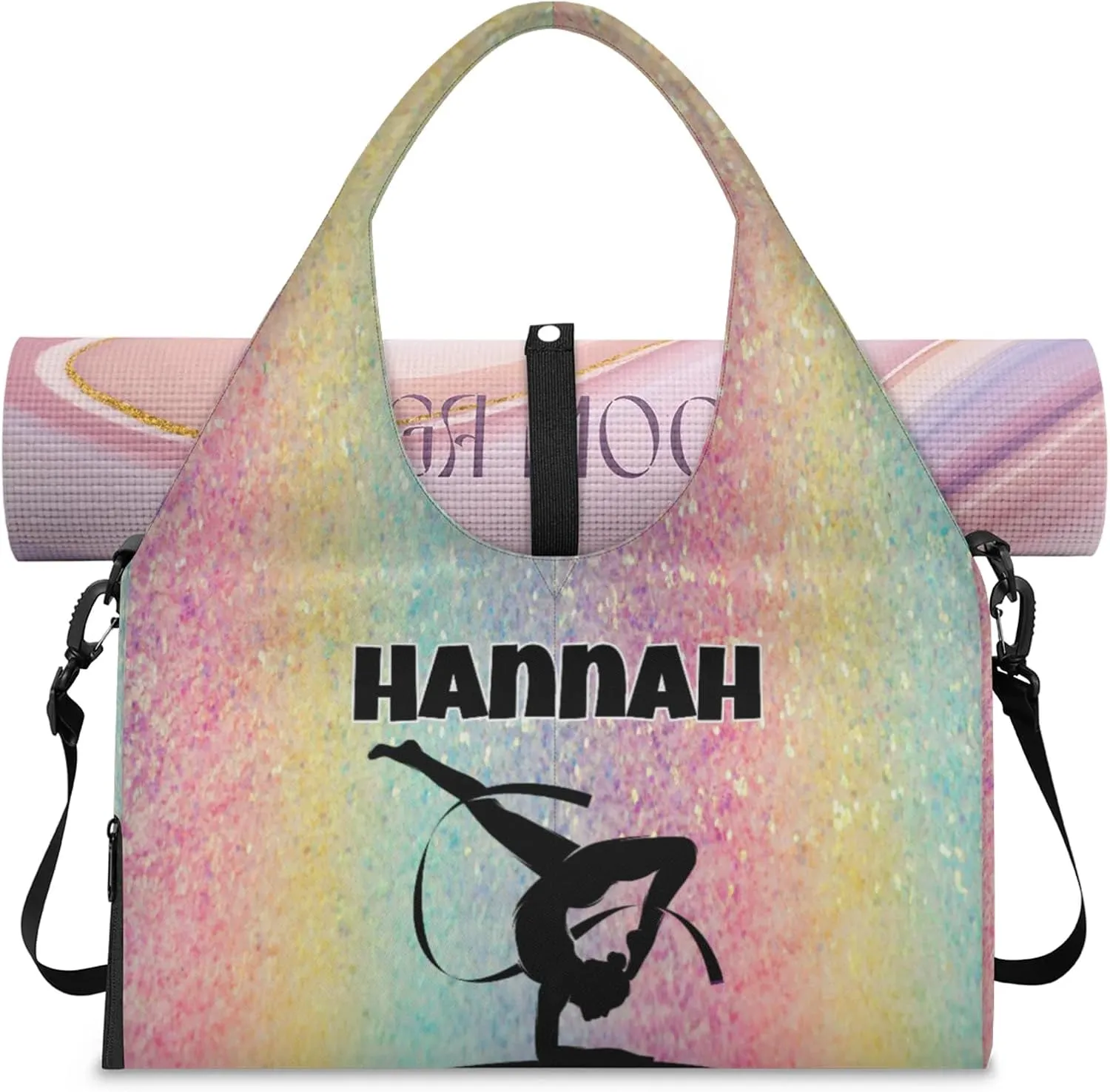 Personalized Name Yoga Mat Bag with Shoe Compartment, Customize Travel Weekender Tote Sport Gym Duffel Bag for Women