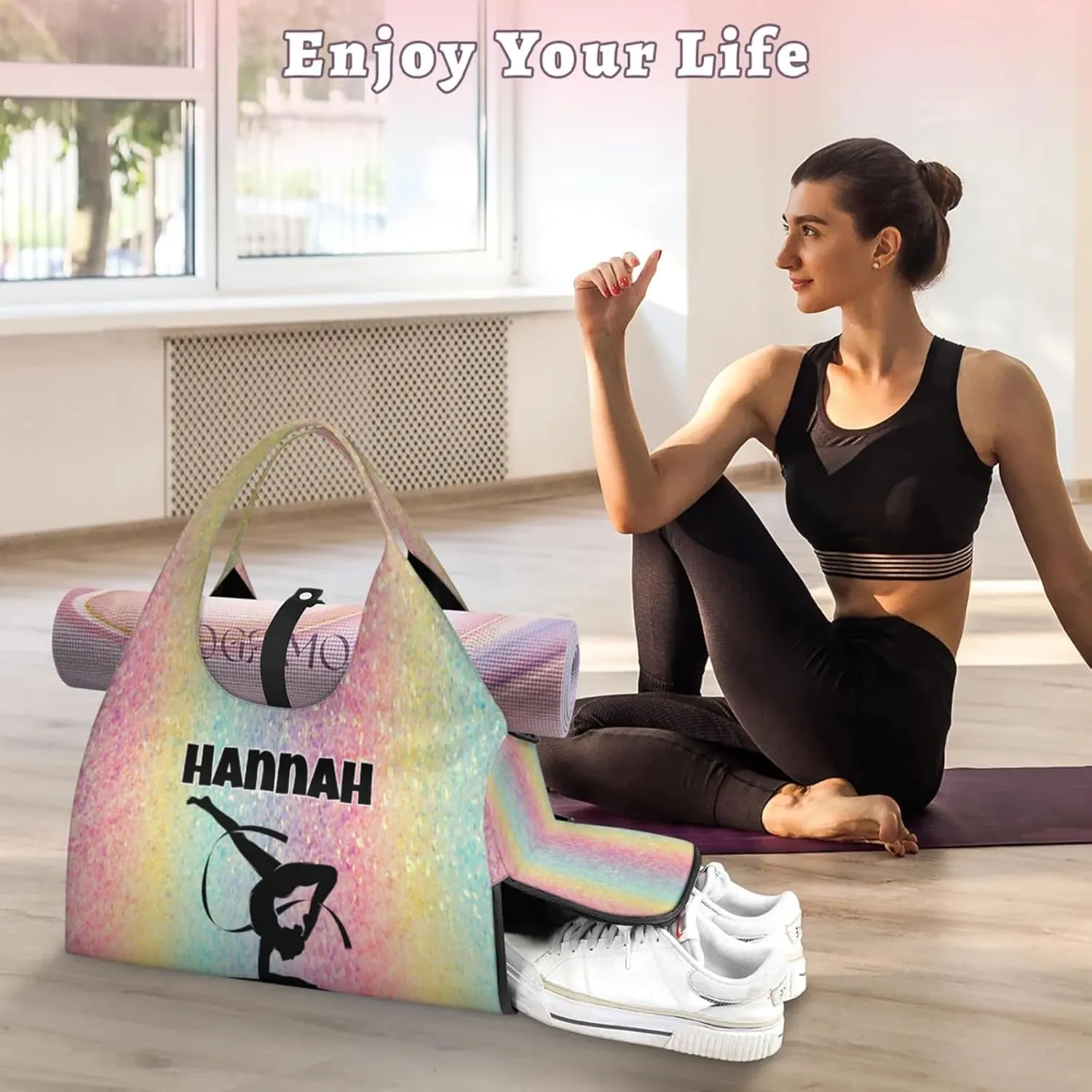 Personalized Name Yoga Mat Bag with Shoe Compartment, Customize Travel Weekender Tote Sport Gym Duffel Bag for Women
