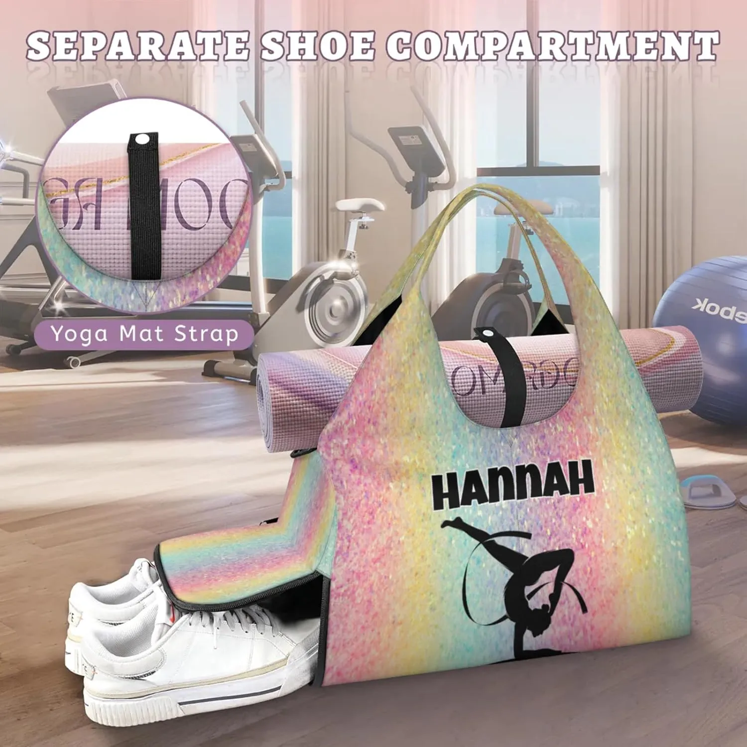 Personalized Name Yoga Mat Bag with Shoe Compartment, Customize Travel Weekender Tote Sport Gym Duffel Bag for Women