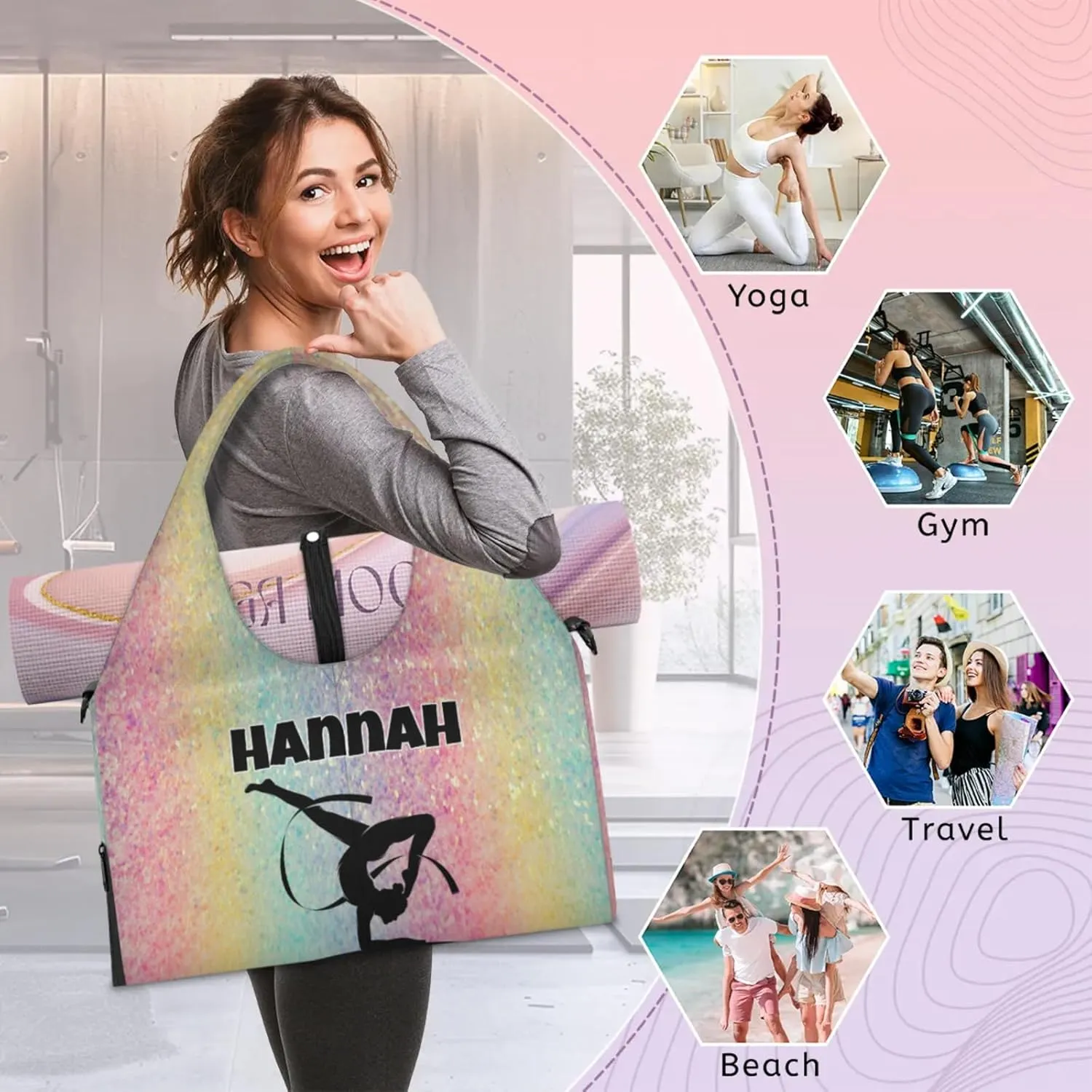 Personalized Name Yoga Mat Bag with Shoe Compartment, Customize Travel Weekender Tote Sport Gym Duffel Bag for Women