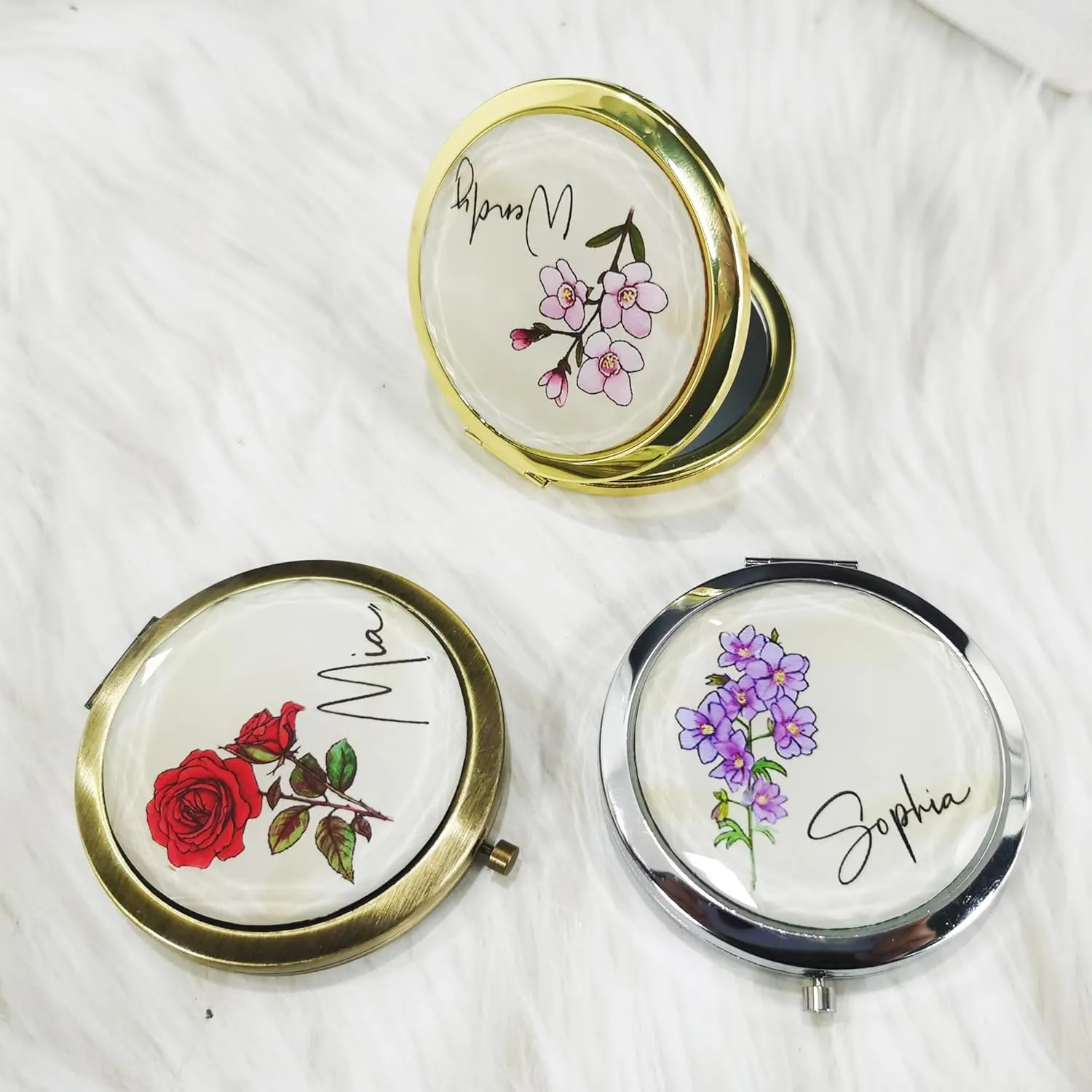 Personalized Name& Birth Flower Compact Mirror,Engraved Travel Pocket Makeup Mirror for Women/Mom,Custom Bridesmaid Gift for Wedding/Birthday/Mothers Day/Christmas-1PC/5PC/10PC