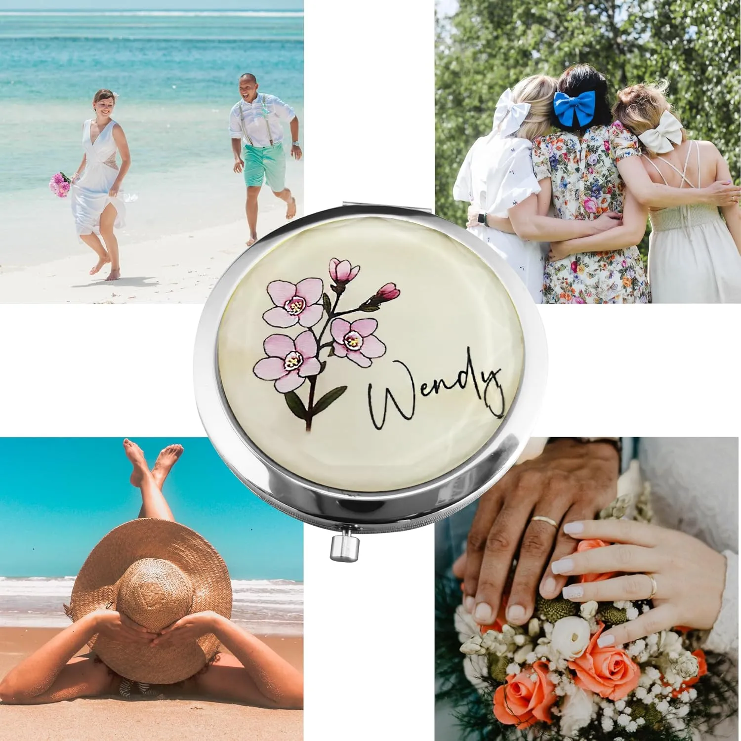 Personalized Name& Birth Flower Compact Mirror,Engraved Travel Pocket Makeup Mirror for Women/Mom,Custom Bridesmaid Gift for Wedding/Birthday/Mothers Day/Christmas-1PC/5PC/10PC