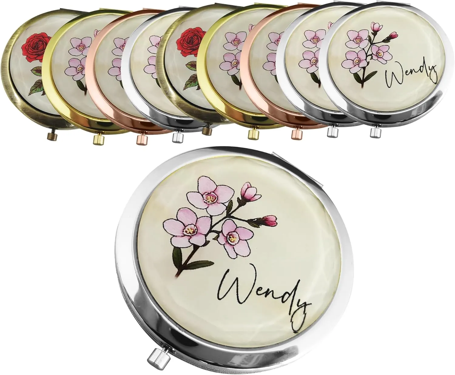 Personalized Name& Birth Flower Compact Mirror,Engraved Travel Pocket Makeup Mirror for Women/Mom,Custom Bridesmaid Gift for Wedding/Birthday/Mothers Day/Christmas-1PC/5PC/10PC