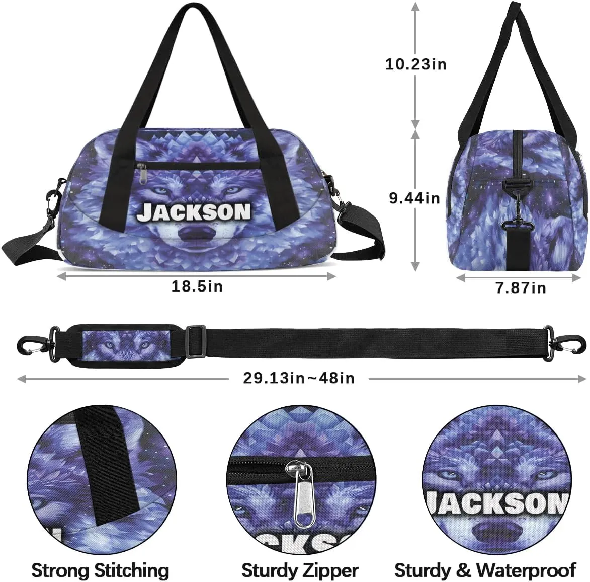 Personalized Sport Duffle Bag for Boys Girls, Custom Cute Wolf Kids Duffle Bag Gym Bag with Name, Travel Duffel Bag Overnight Weekender Bag, Customized Kids Gifts