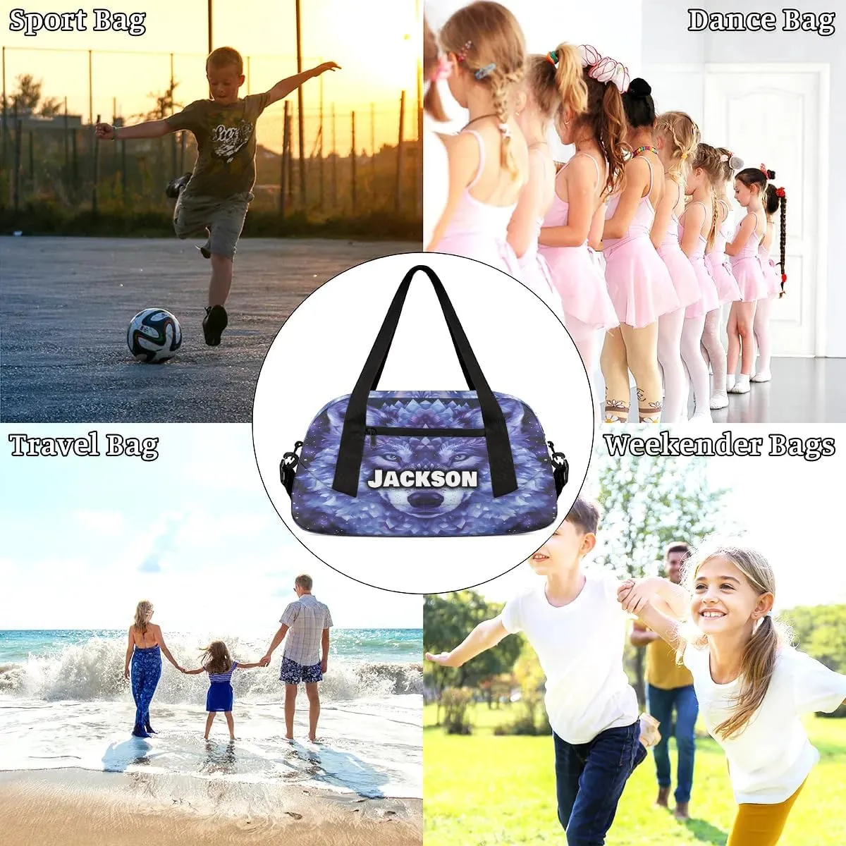 Personalized Sport Duffle Bag for Boys Girls, Custom Cute Wolf Kids Duffle Bag Gym Bag with Name, Travel Duffel Bag Overnight Weekender Bag, Customized Kids Gifts