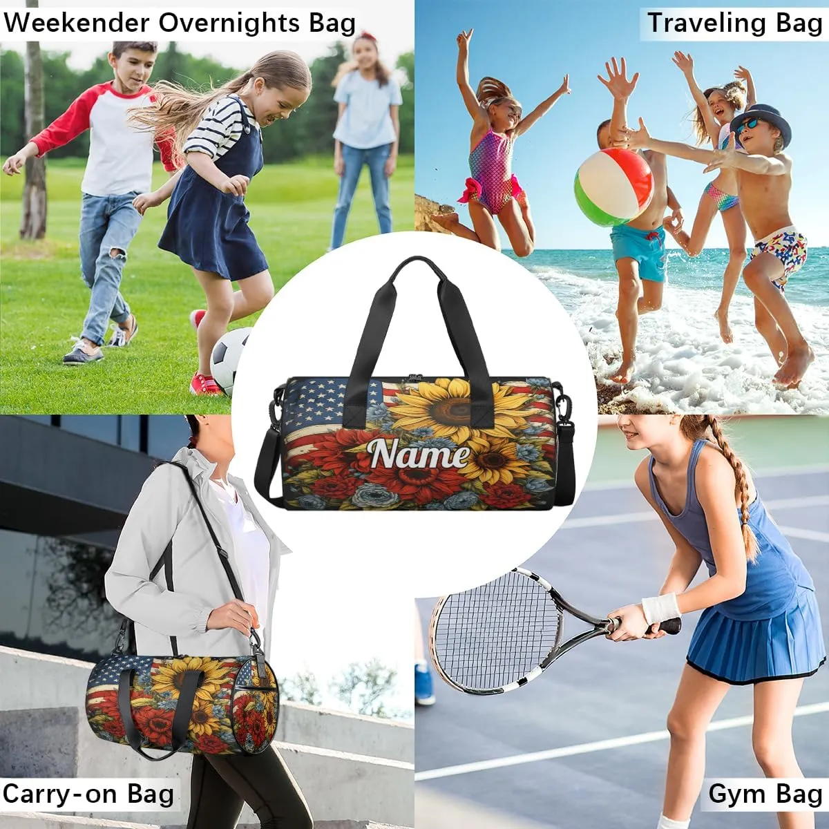 Personalized Sport Gym Bag Dance Duffle Ballet Bag Overnight Travel Sleepover Bags Swimming Hiking Camping, Memorial Day Flowers 4th of July