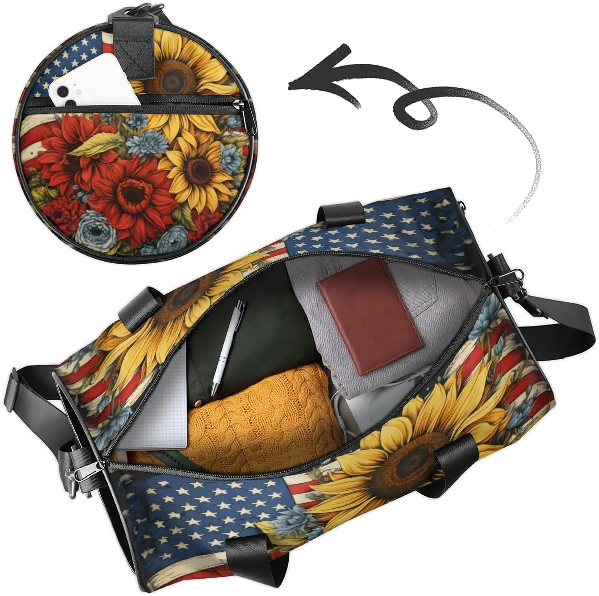 Personalized Sport Gym Bag Dance Duffle Ballet Bag Overnight Travel Sleepover Bags Swimming Hiking Camping, Memorial Day Flowers 4th of July