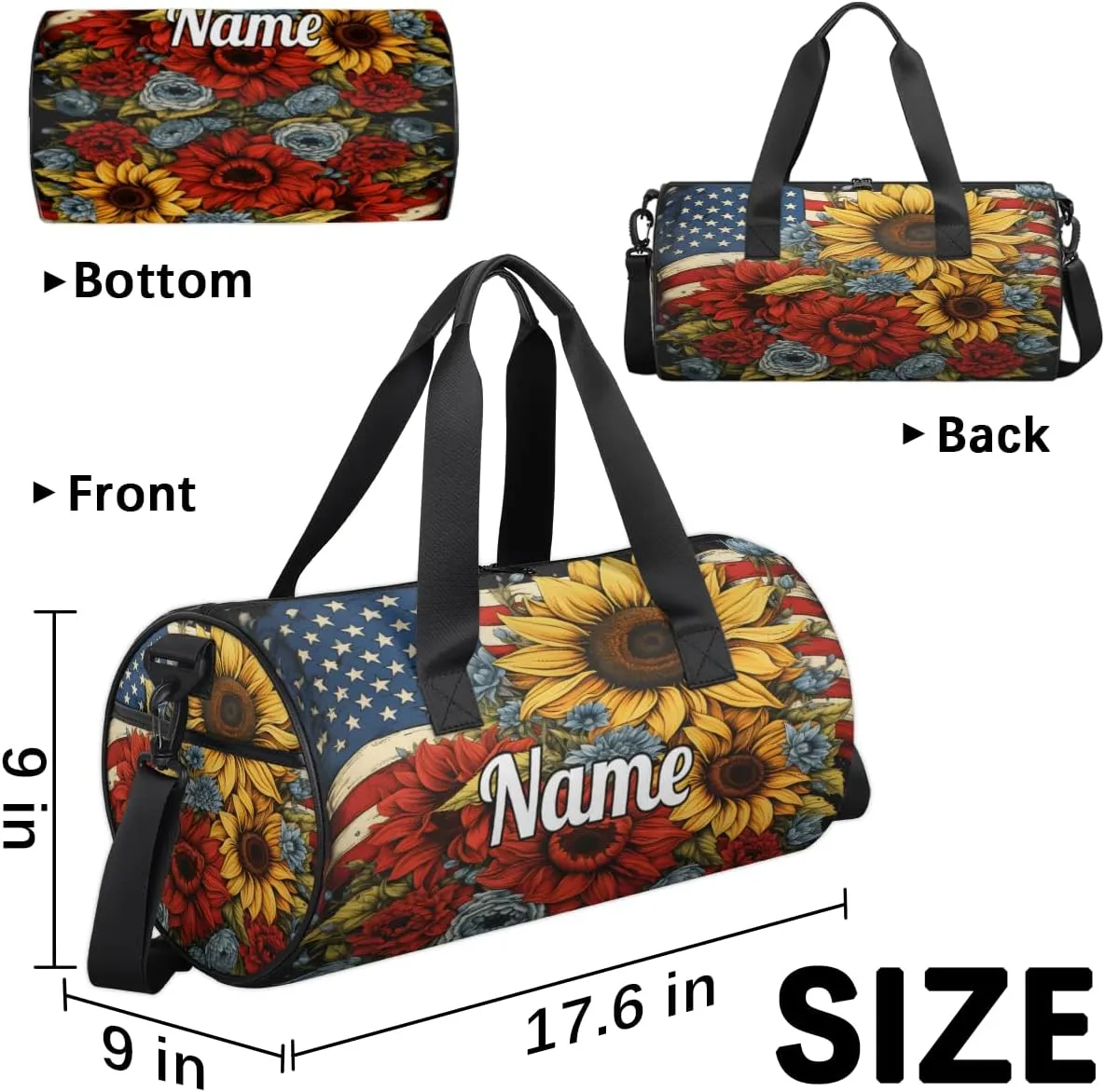 Personalized Sport Gym Bag Dance Duffle Ballet Bag Overnight Travel Sleepover Bags Swimming Hiking Camping, Memorial Day Flowers 4th of July