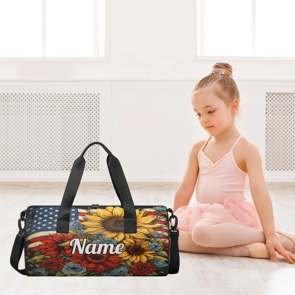 Personalized Sport Gym Bag Dance Duffle Ballet Bag Overnight Travel Sleepover Bags Swimming Hiking Camping, Memorial Day Flowers 4th of July