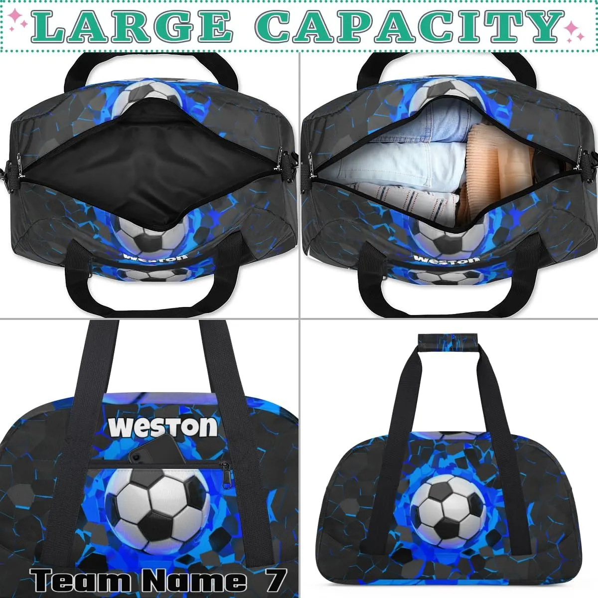 Personalized Sports Soccer Duffel Bags for School Boys, Custom Kids Name Number Duffle Gym Bag Sport Players FitnessTravel Weekender Lightweight Bags, Black Red Color