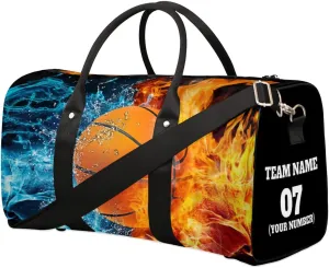 Personalized Travel Duffle Bags for Teenage Boys Men, Custom Water Fire Basketball Team Number Sports Overnight Bags Foldable Gym Bag Weekender Sleepover Carry On Tote Bag
