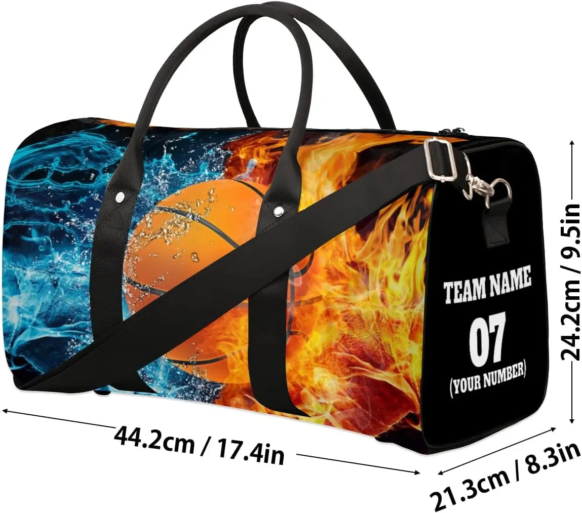 Personalized Travel Duffle Bags for Teenage Boys Men, Custom Water Fire Basketball Team Number Sports Overnight Bags Foldable Gym Bag Weekender Sleepover Carry On Tote Bag