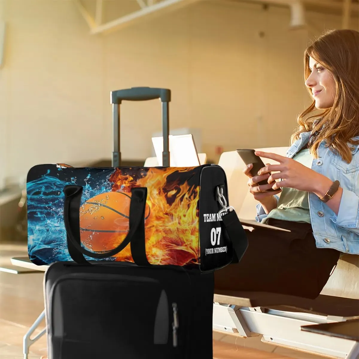 Personalized Travel Duffle Bags for Teenage Boys Men, Custom Water Fire Basketball Team Number Sports Overnight Bags Foldable Gym Bag Weekender Sleepover Carry On Tote Bag