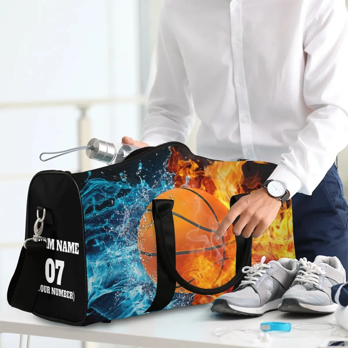 Personalized Travel Duffle Bags for Teenage Boys Men, Custom Water Fire Basketball Team Number Sports Overnight Bags Foldable Gym Bag Weekender Sleepover Carry On Tote Bag