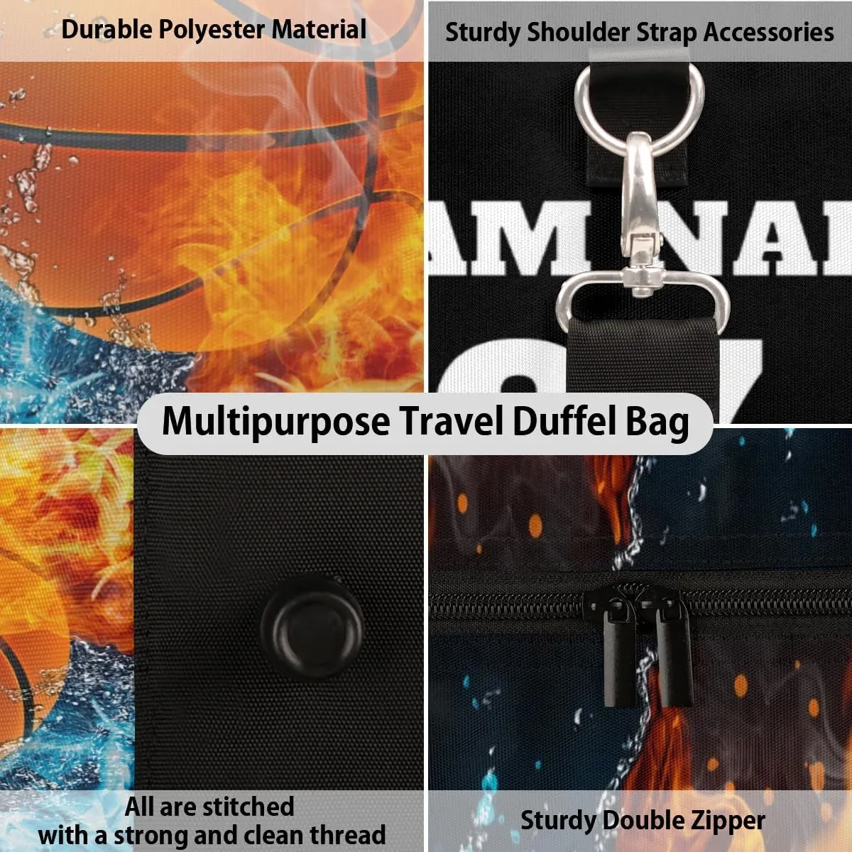 Personalized Travel Duffle Bags for Teenage Boys Men, Custom Water Fire Basketball Team Number Sports Overnight Bags Foldable Gym Bag Weekender Sleepover Carry On Tote Bag