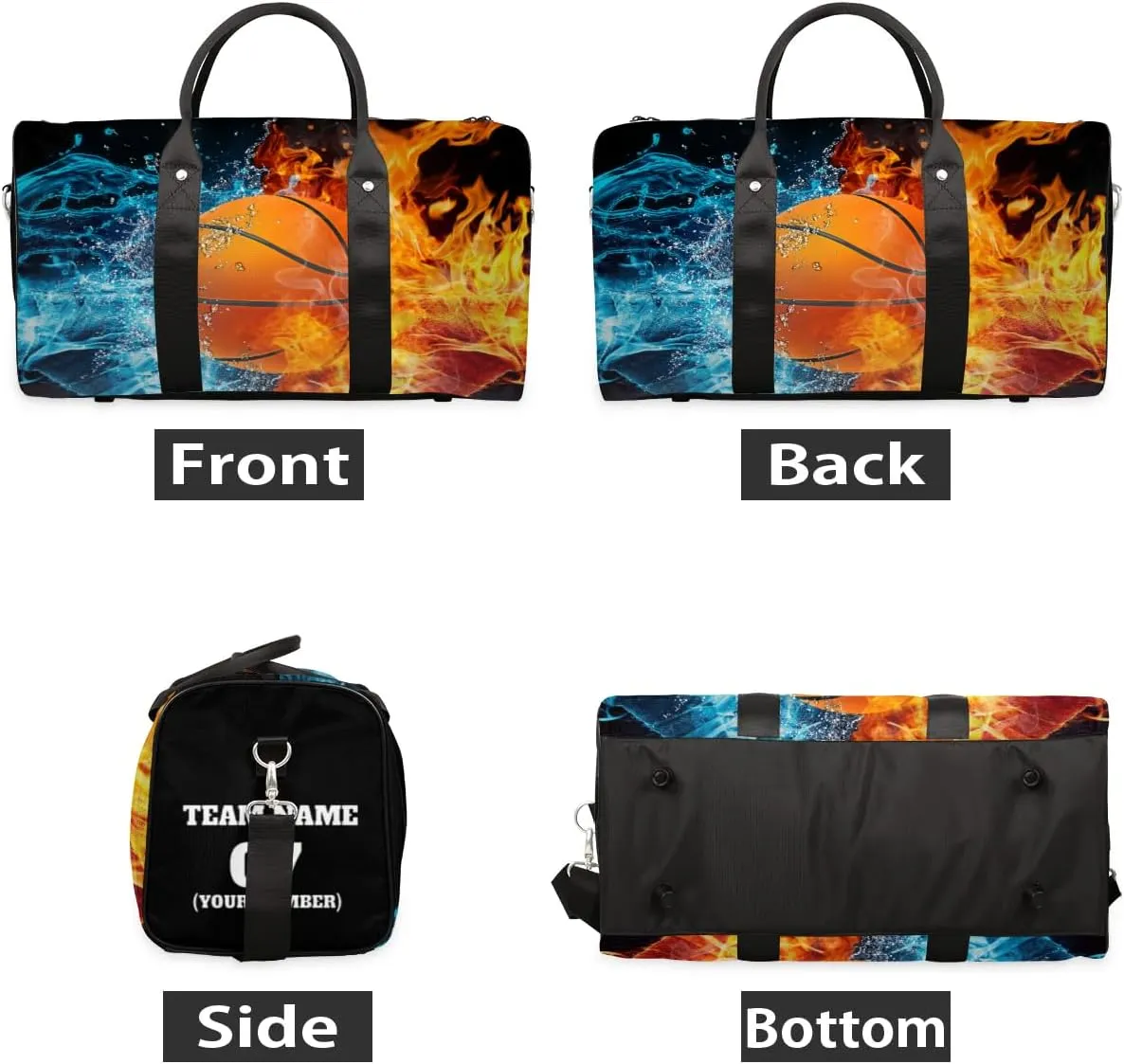 Personalized Travel Duffle Bags for Teenage Boys Men, Custom Water Fire Basketball Team Number Sports Overnight Bags Foldable Gym Bag Weekender Sleepover Carry On Tote Bag
