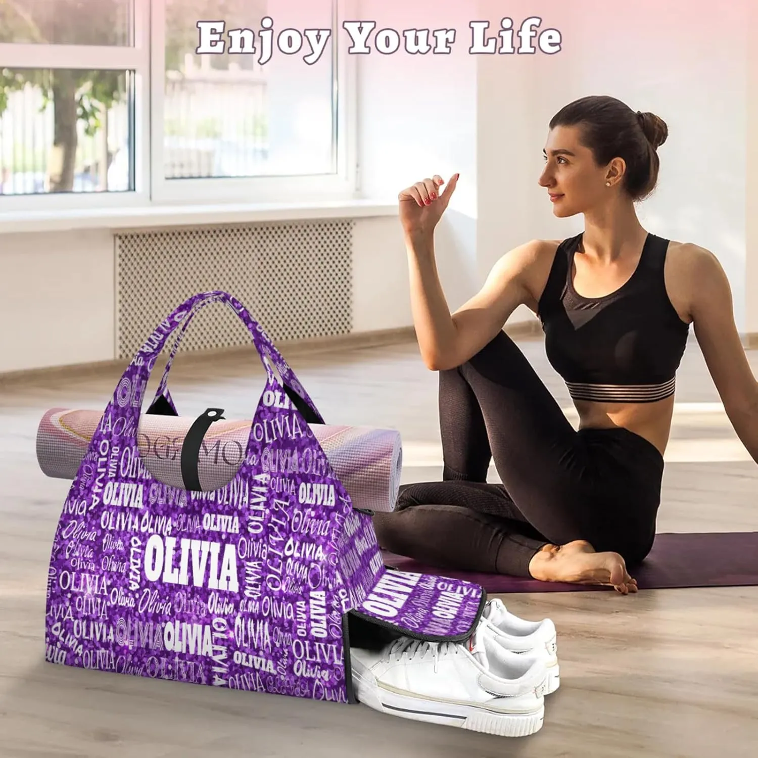 Personalized Yoga Mat Bag with Shoe Compartment, Custom Names Travel Tote Sport Gym Pilates Duffel Bag for Women
